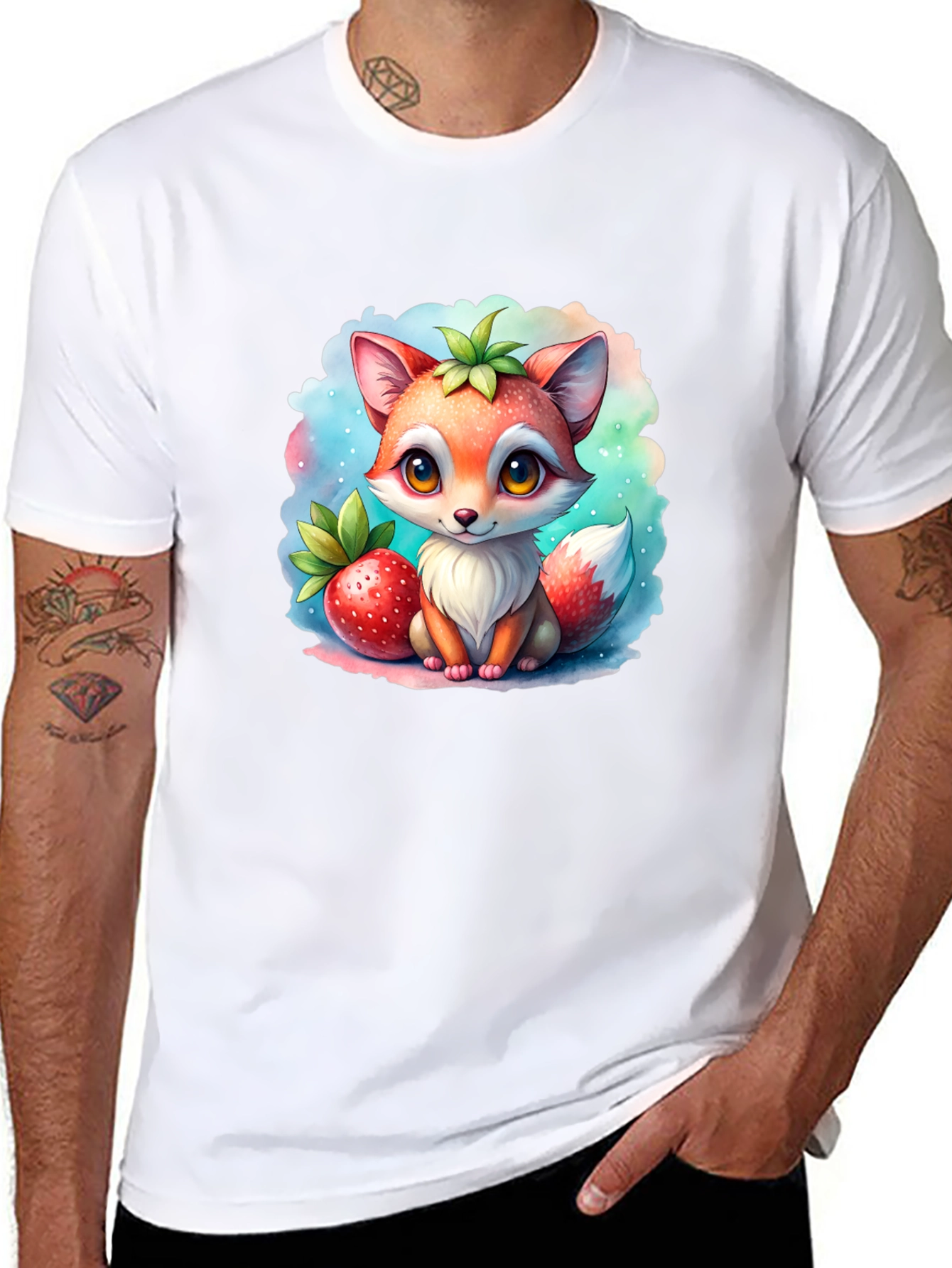 Cute Cartoon Fox & Strawberry Black T-Shirt