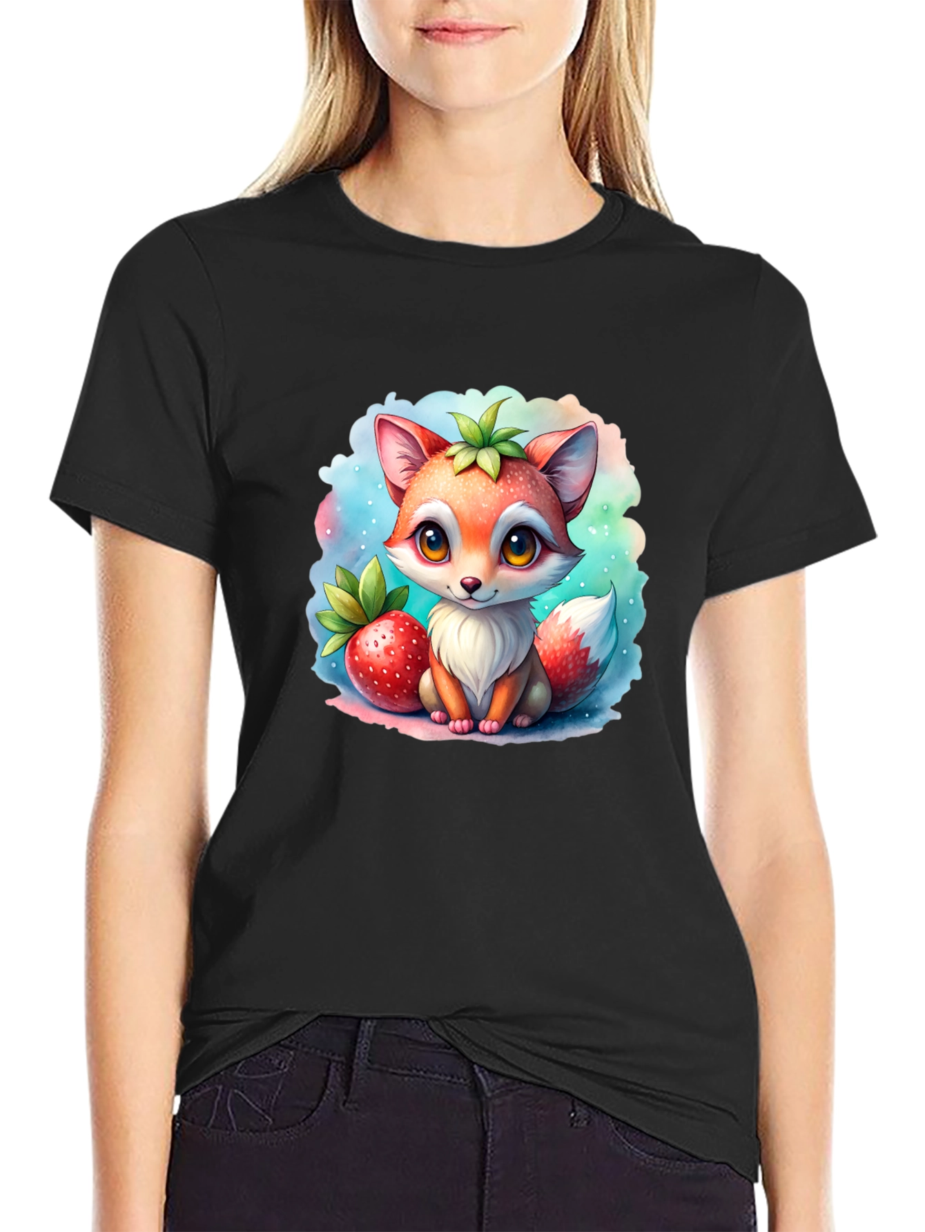 Cute Cartoon Fox & Strawberry Black T-Shirt