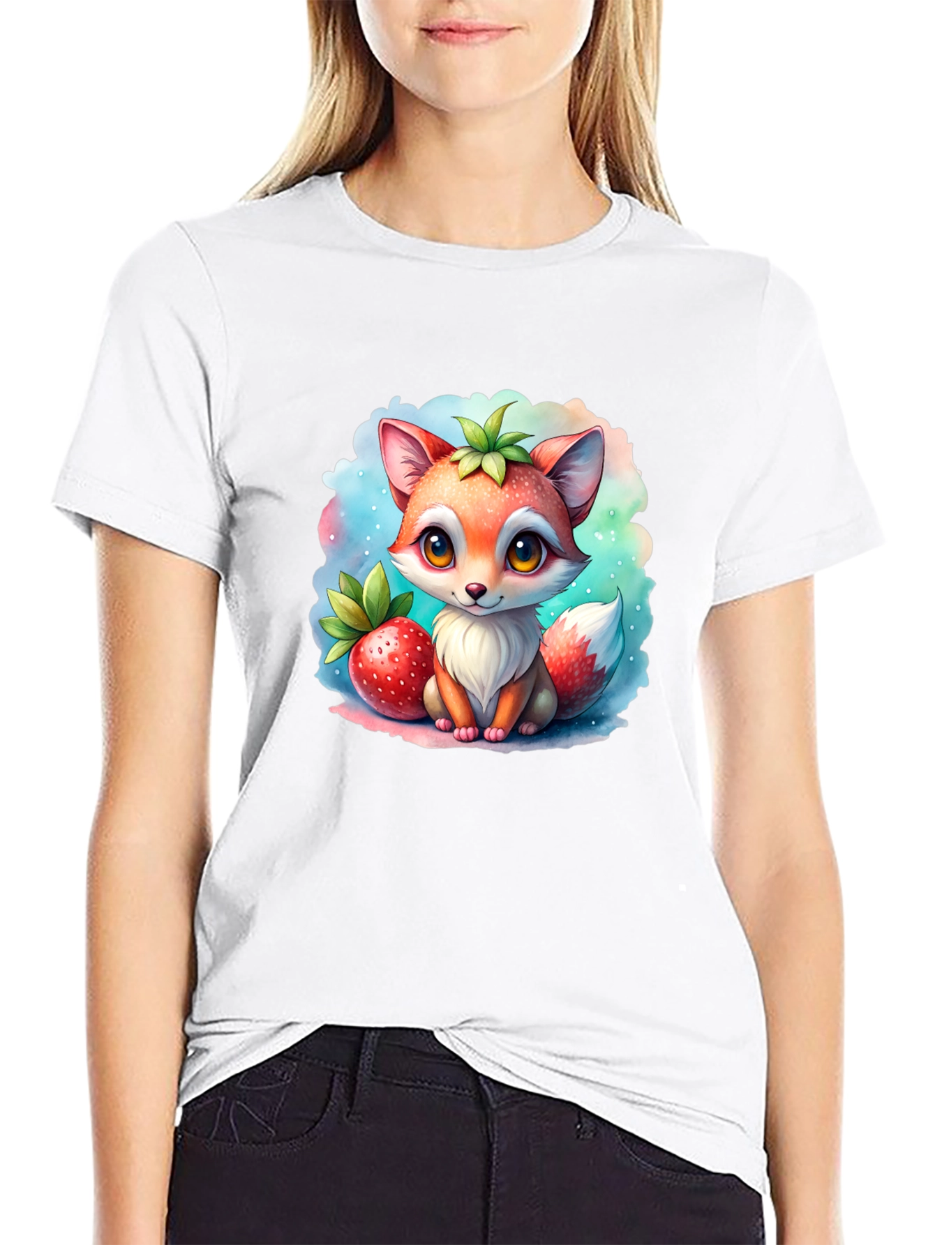 Cute Cartoon Fox & Strawberry Black T-Shirt