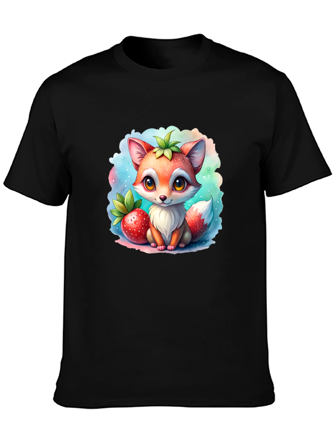 Cute Cartoon Fox & Strawberry Black T-Shirt