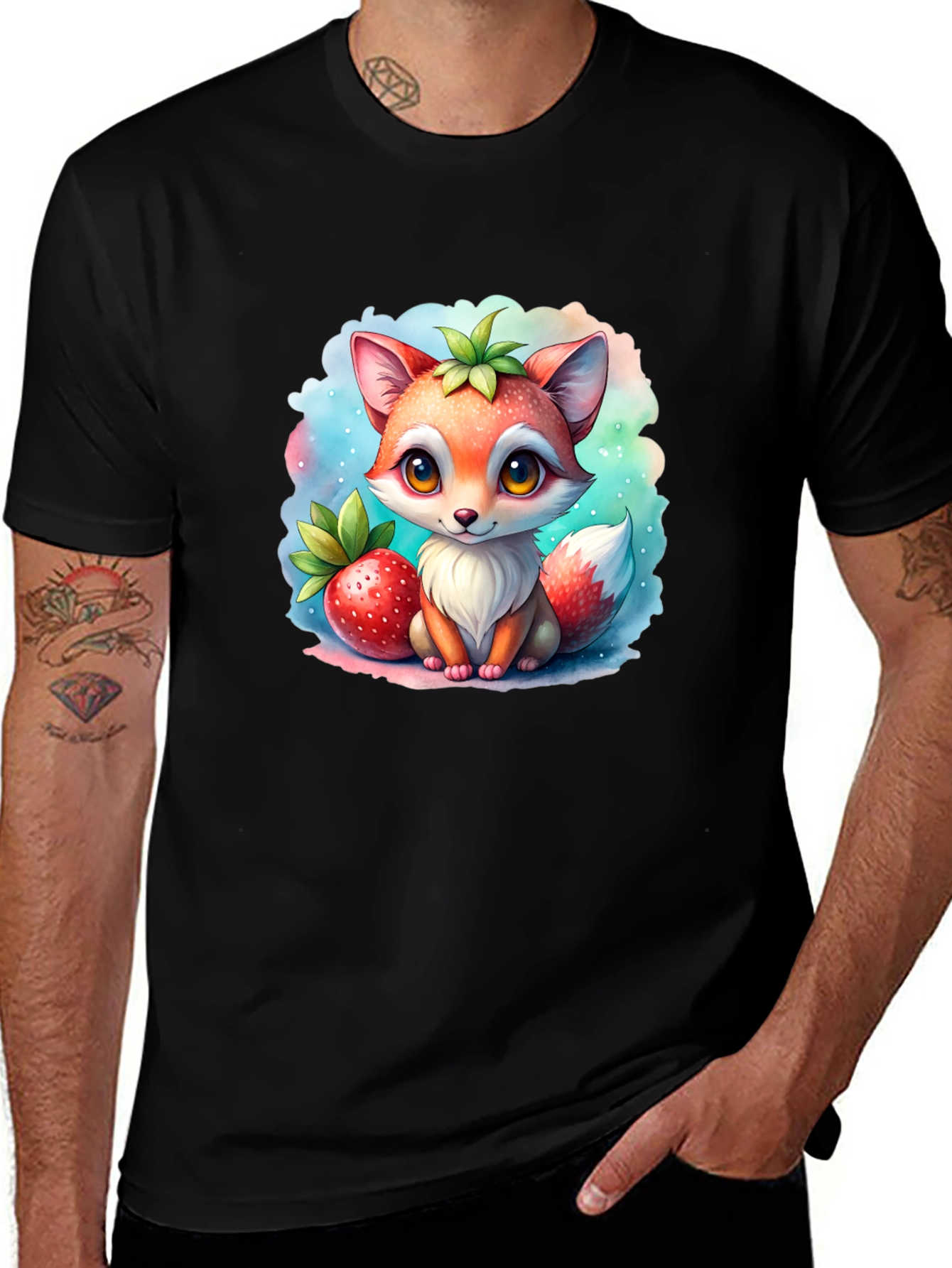 Cute Cartoon Fox & Strawberry Black T-Shirt