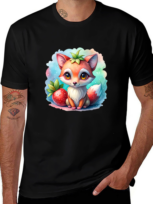 Cute Cartoon Fox & Strawberry Black T-Shirt