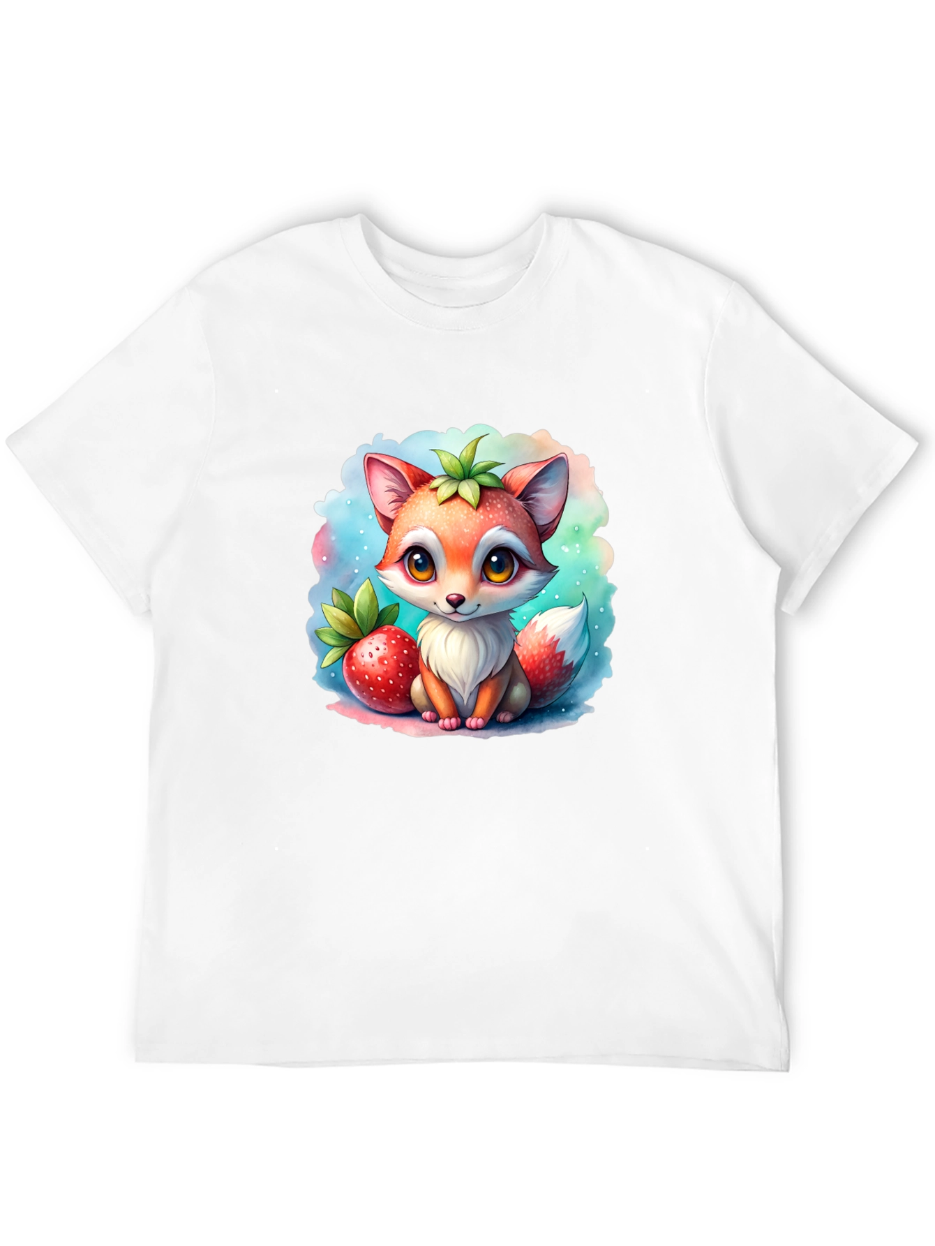 Cute Cartoon Fox & Strawberry Black T-Shirt