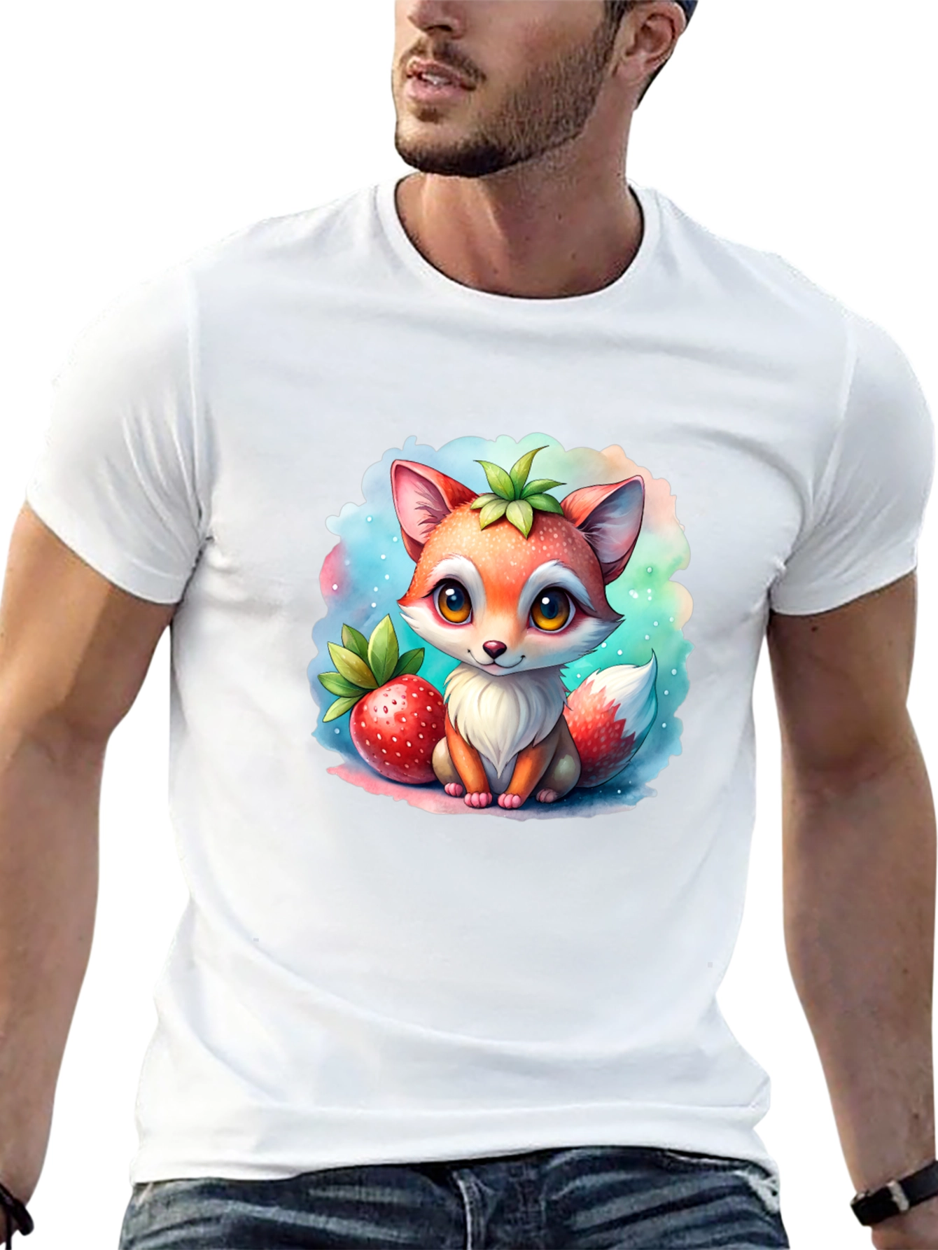 Cute Cartoon Fox & Strawberry Black T-Shirt