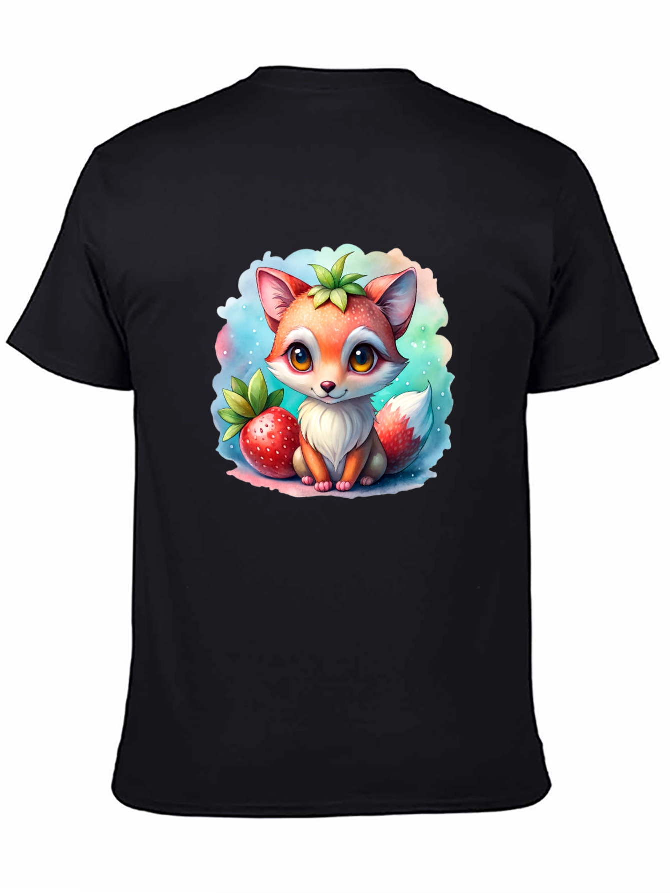 Cute Cartoon Fox & Strawberry Black T-Shirt