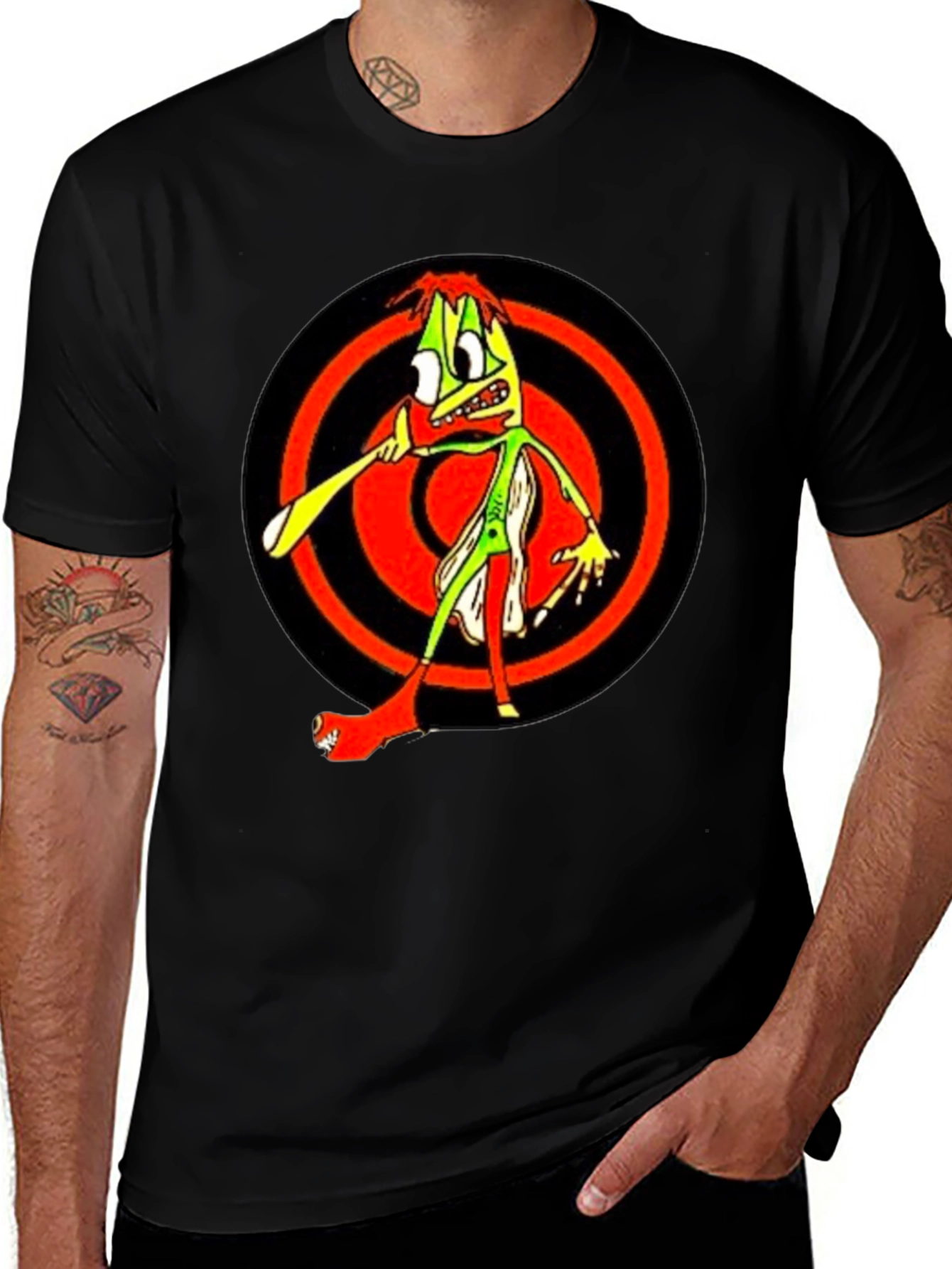 Mens Black Graphic T-Shirt - Weird Cartoon