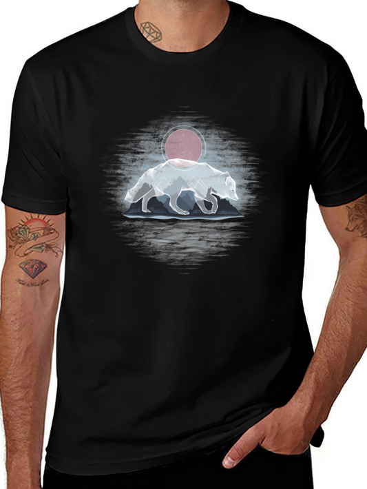 Geometric Wolf & Moon Graphic Tee - Mens Black T-Shirt
