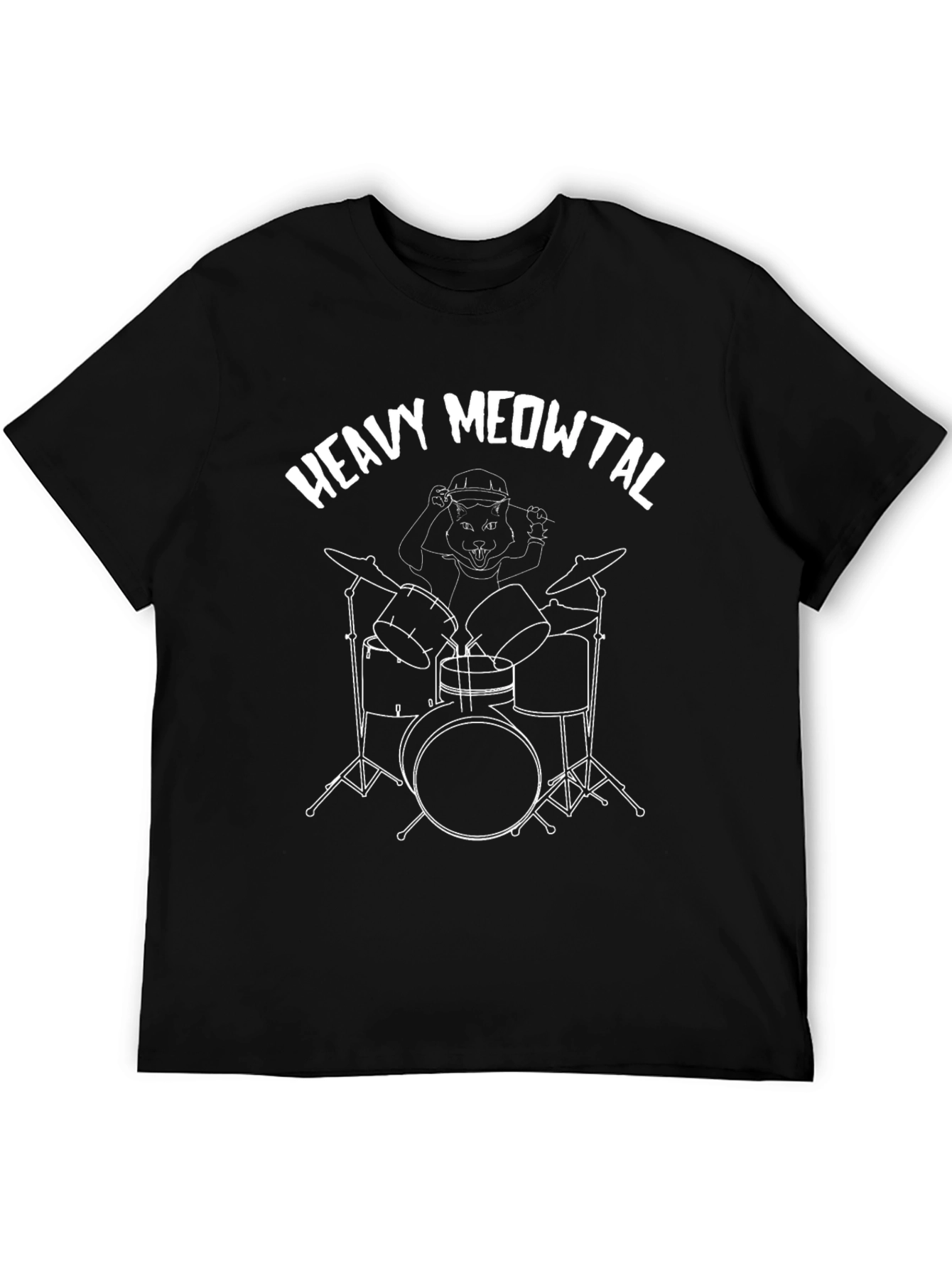 Heavy Meowtal Cat Drummer Black Graphic T-Shirt