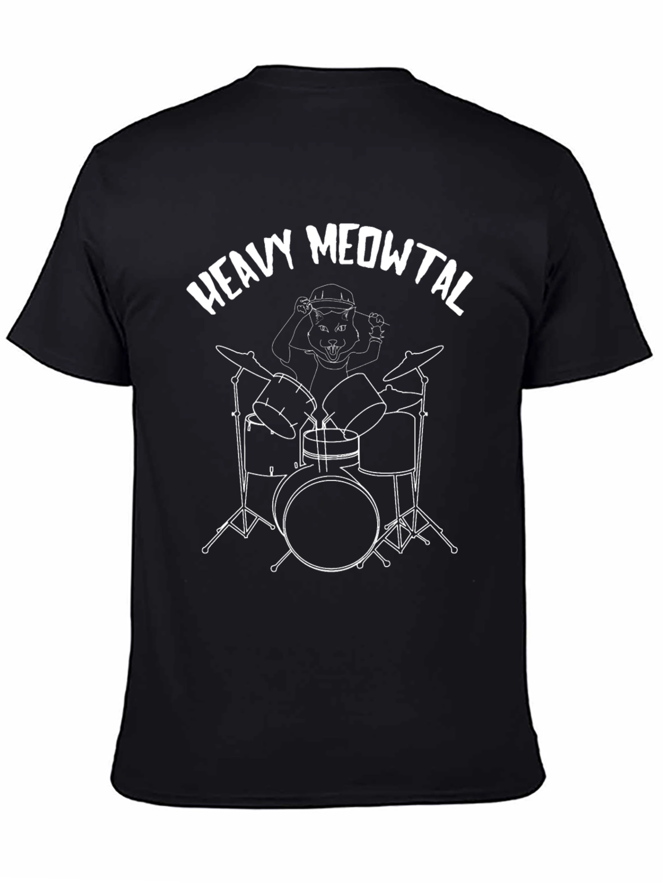 Heavy Meowtal Cat Drummer Black Graphic T-Shirt