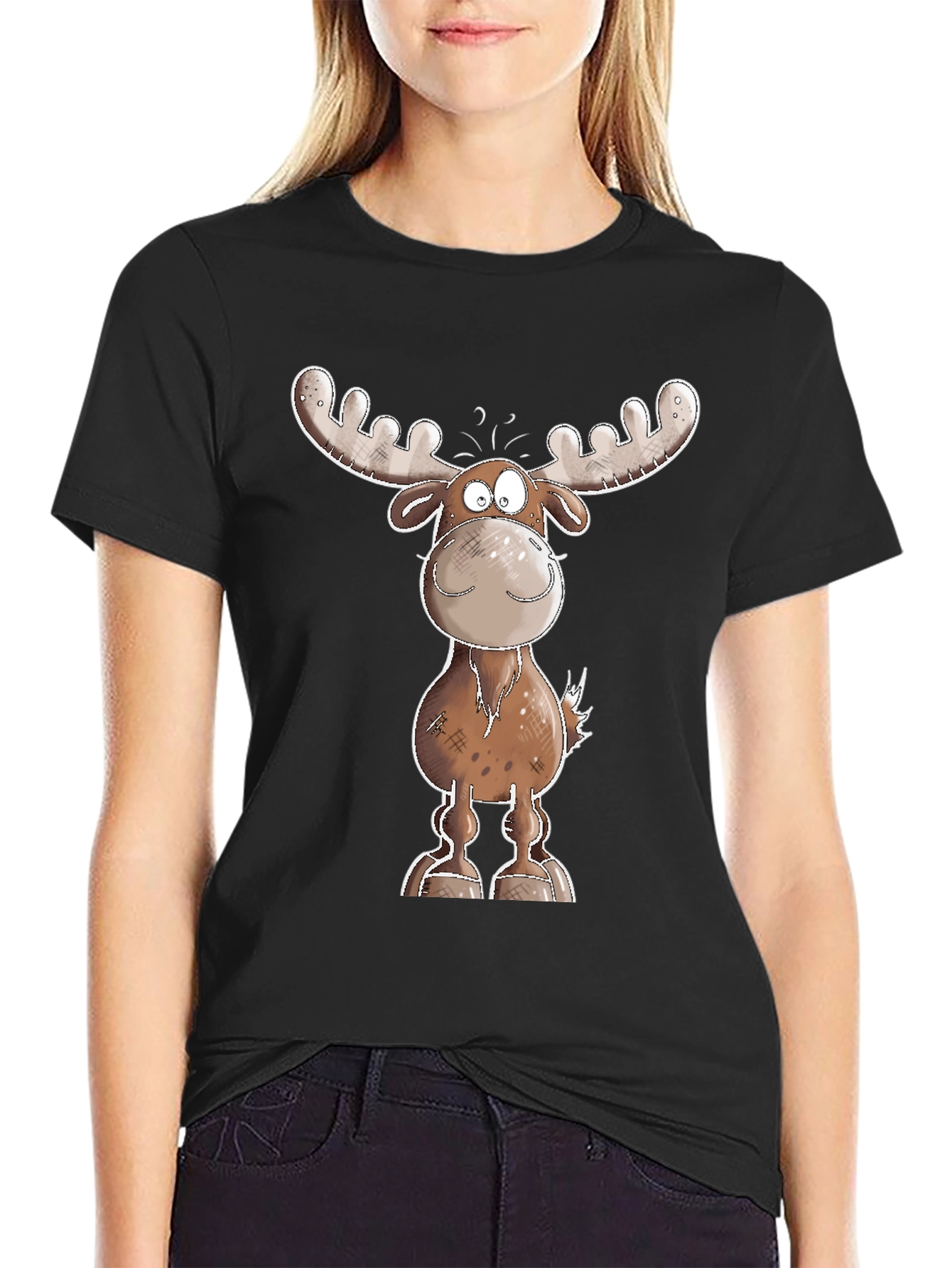Cartoon Moose Graphic Tee - Black T-Shirt