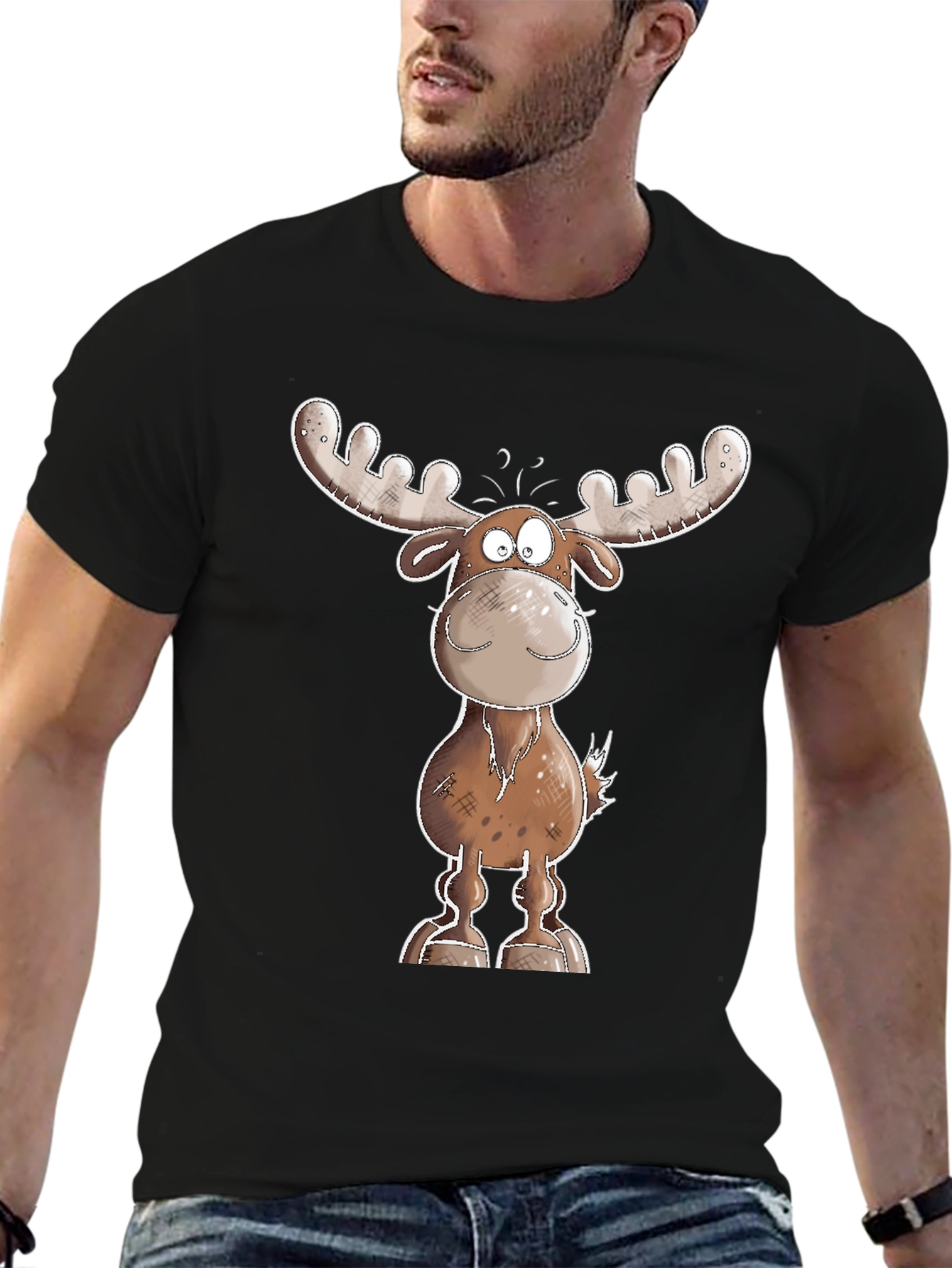 Cartoon Moose Graphic Tee - Black T-Shirt