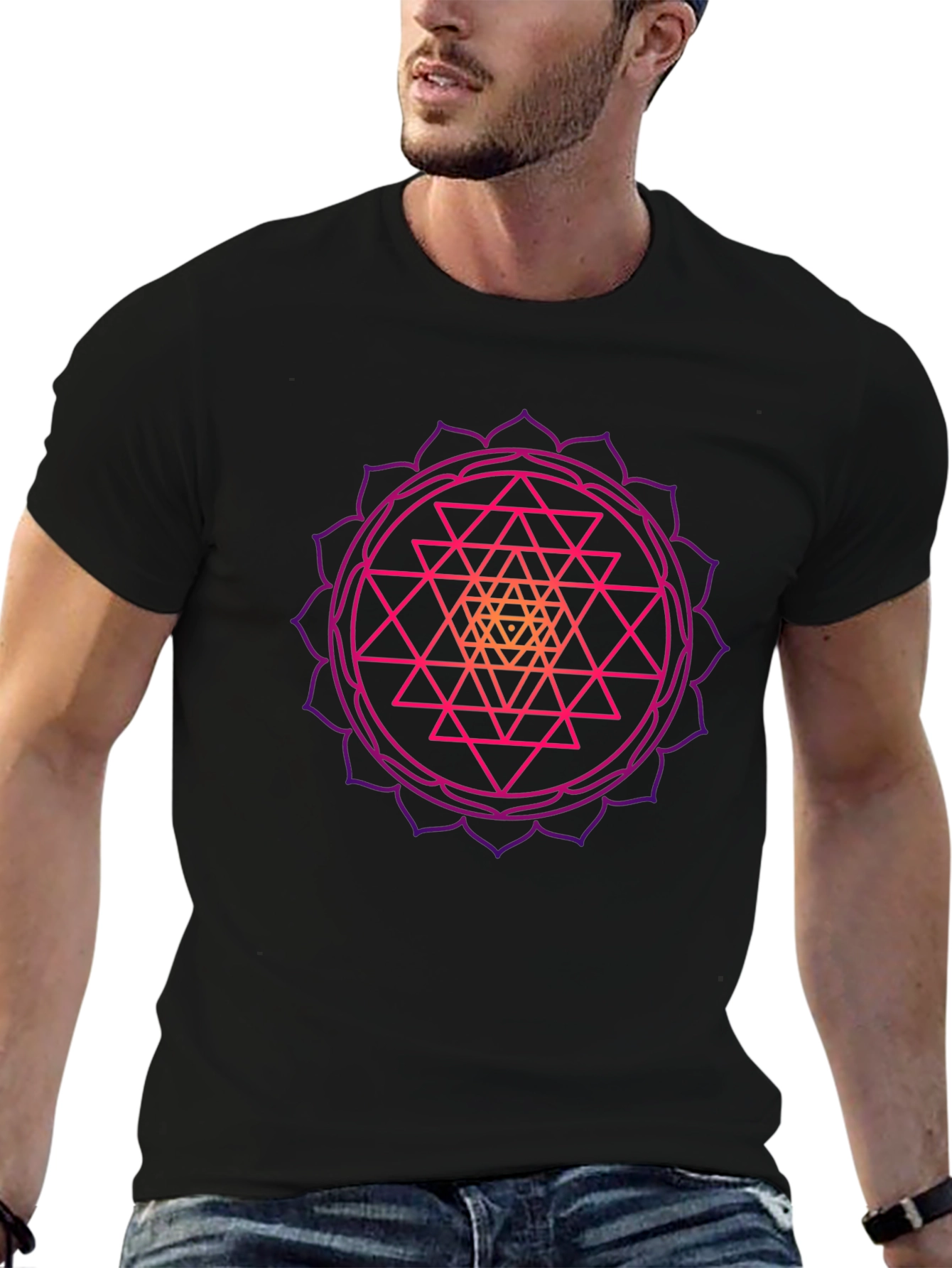 Geometric Mandala Graphic Tee - Black Cotton T-Shirt