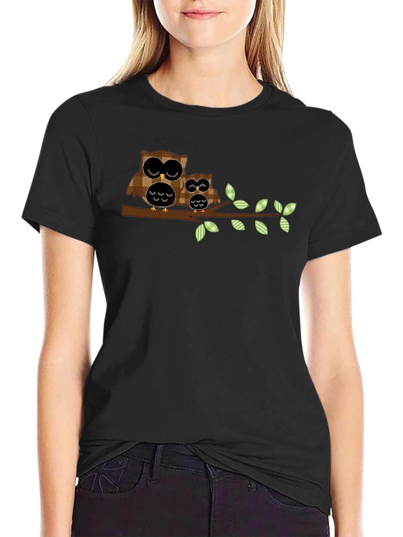 Owl Family Tree Branch Black T-Shirt