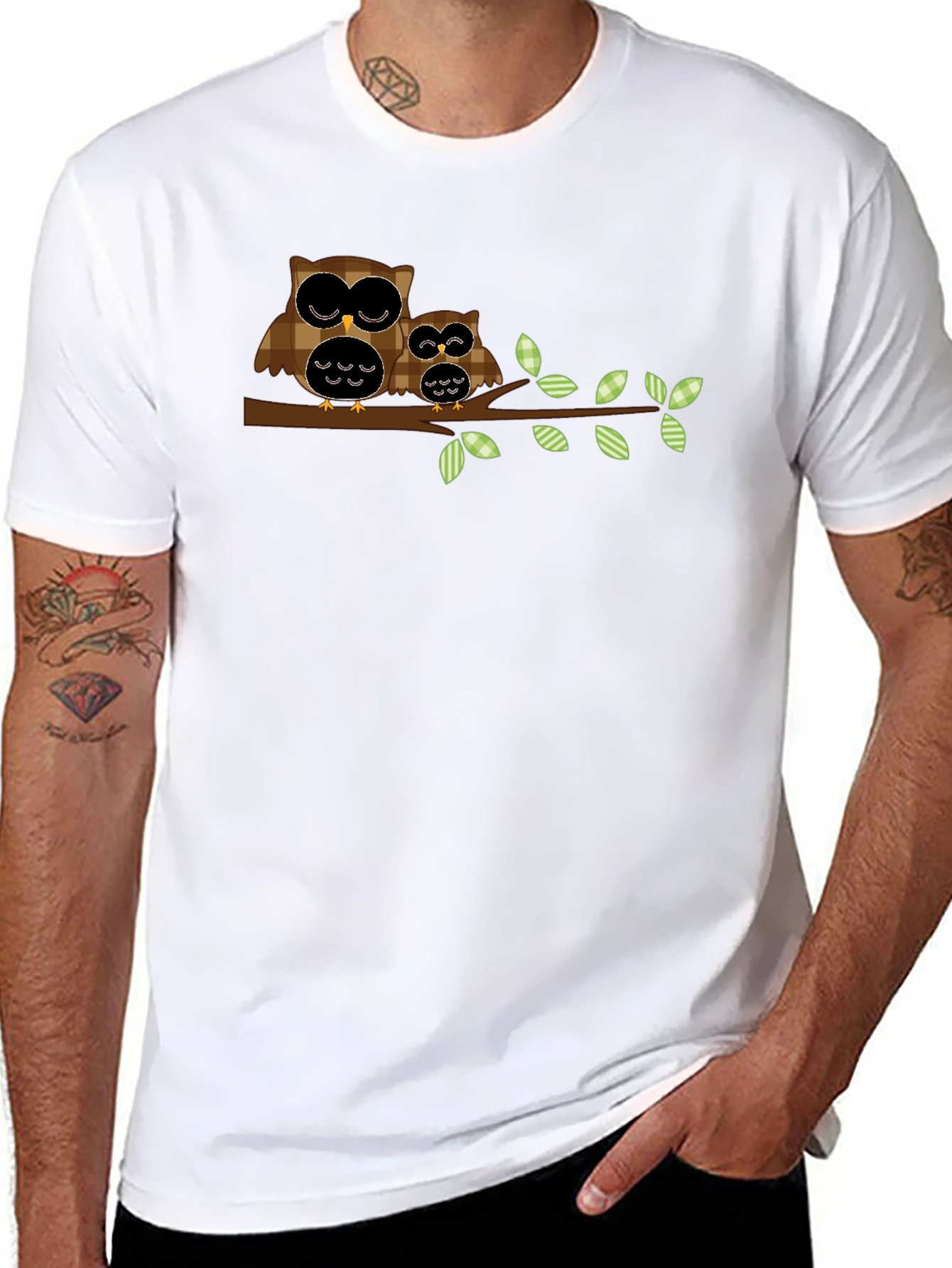 Owl Family Tree Branch Black T-Shirt