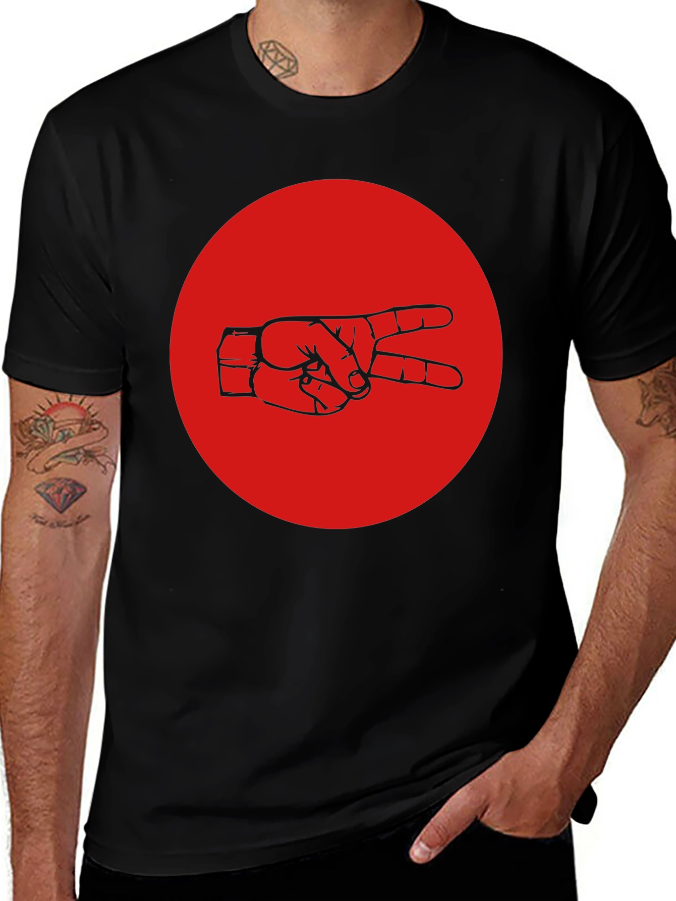 Peace Sign Graphic Tee - Black Cotton Crew Neck