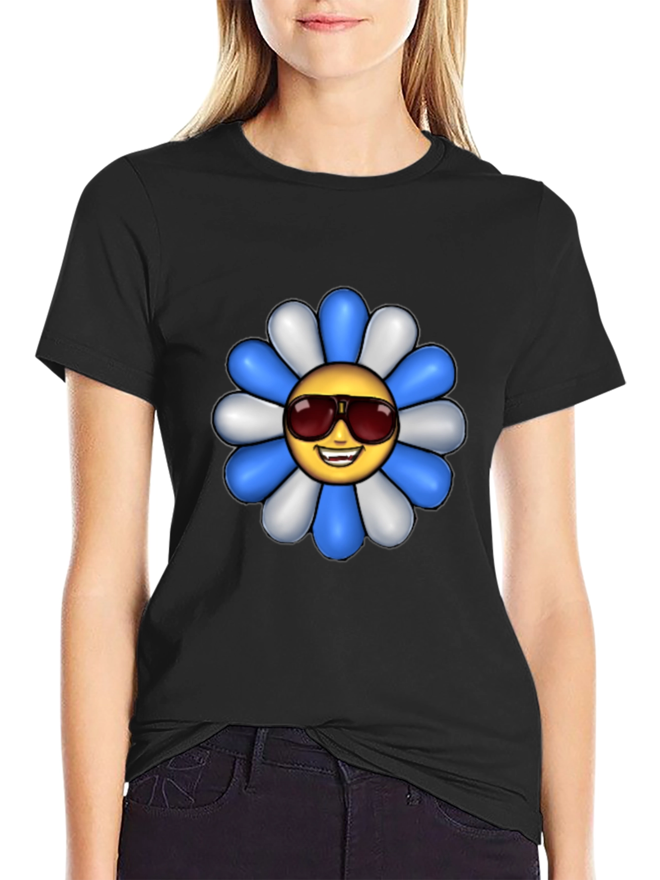 Cool Flower Emoji Graphic Tee - Black Cotton Shirt