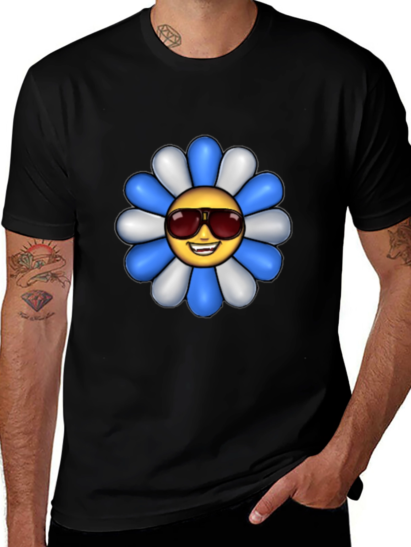 Cool Flower Emoji Graphic Tee - Black Cotton Shirt