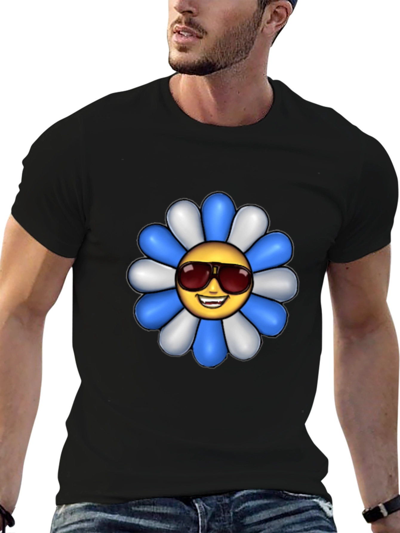 Cool Flower Emoji Graphic Tee - Black Cotton Shirt