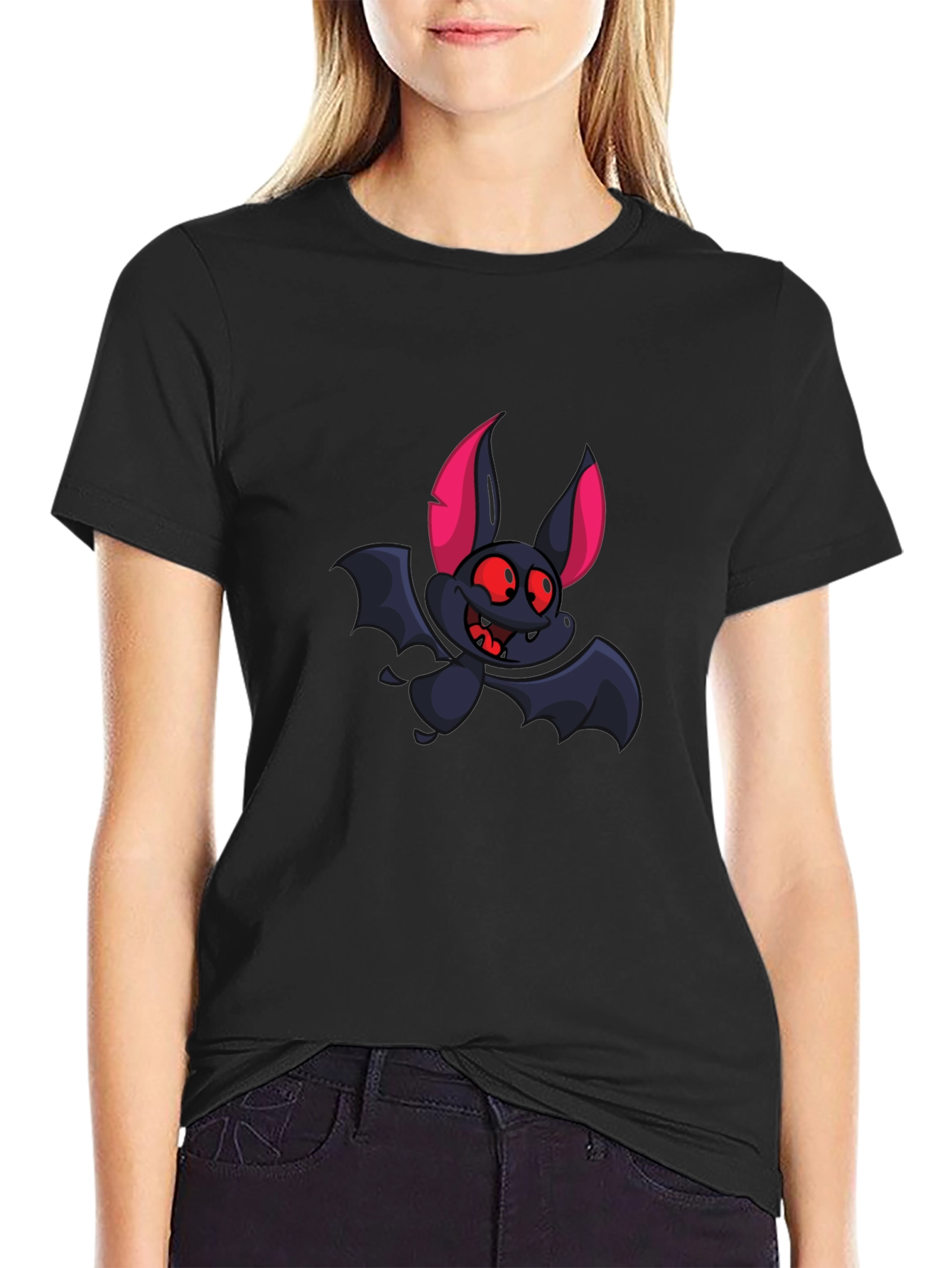 Cartoon Bat Graphic Tee - Black T-Shirt