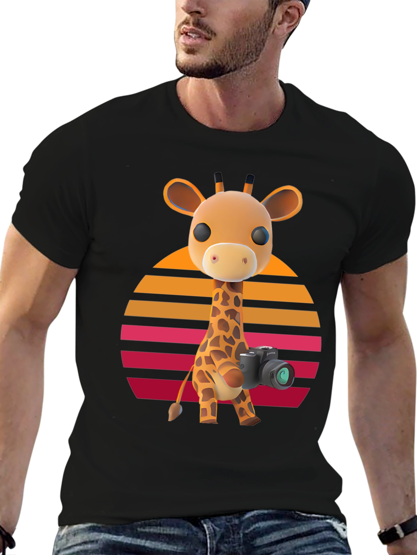 Giraffe Photographer T-Shirt - Sunset Design