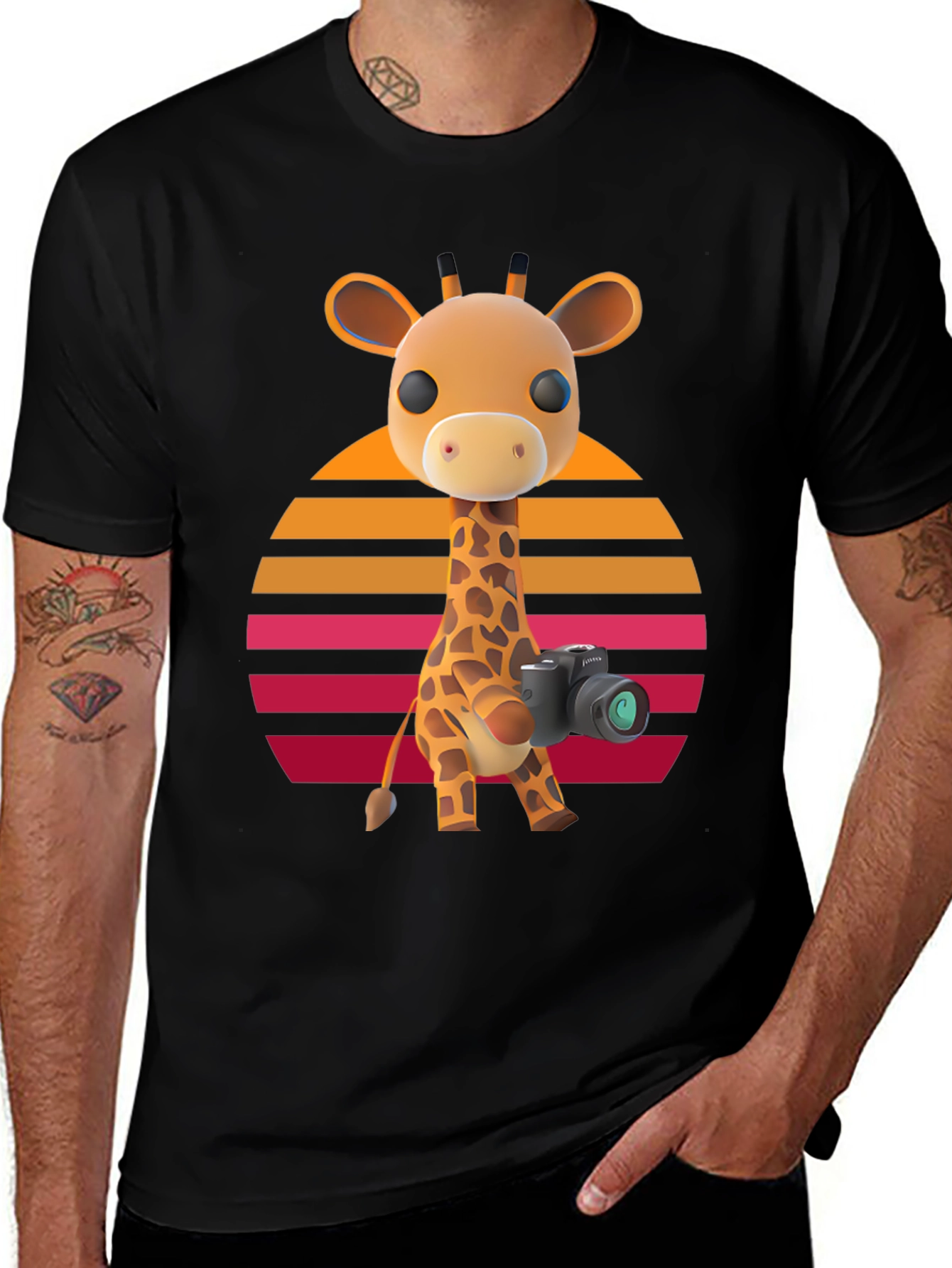 Giraffe Photographer T-Shirt - Sunset Design
