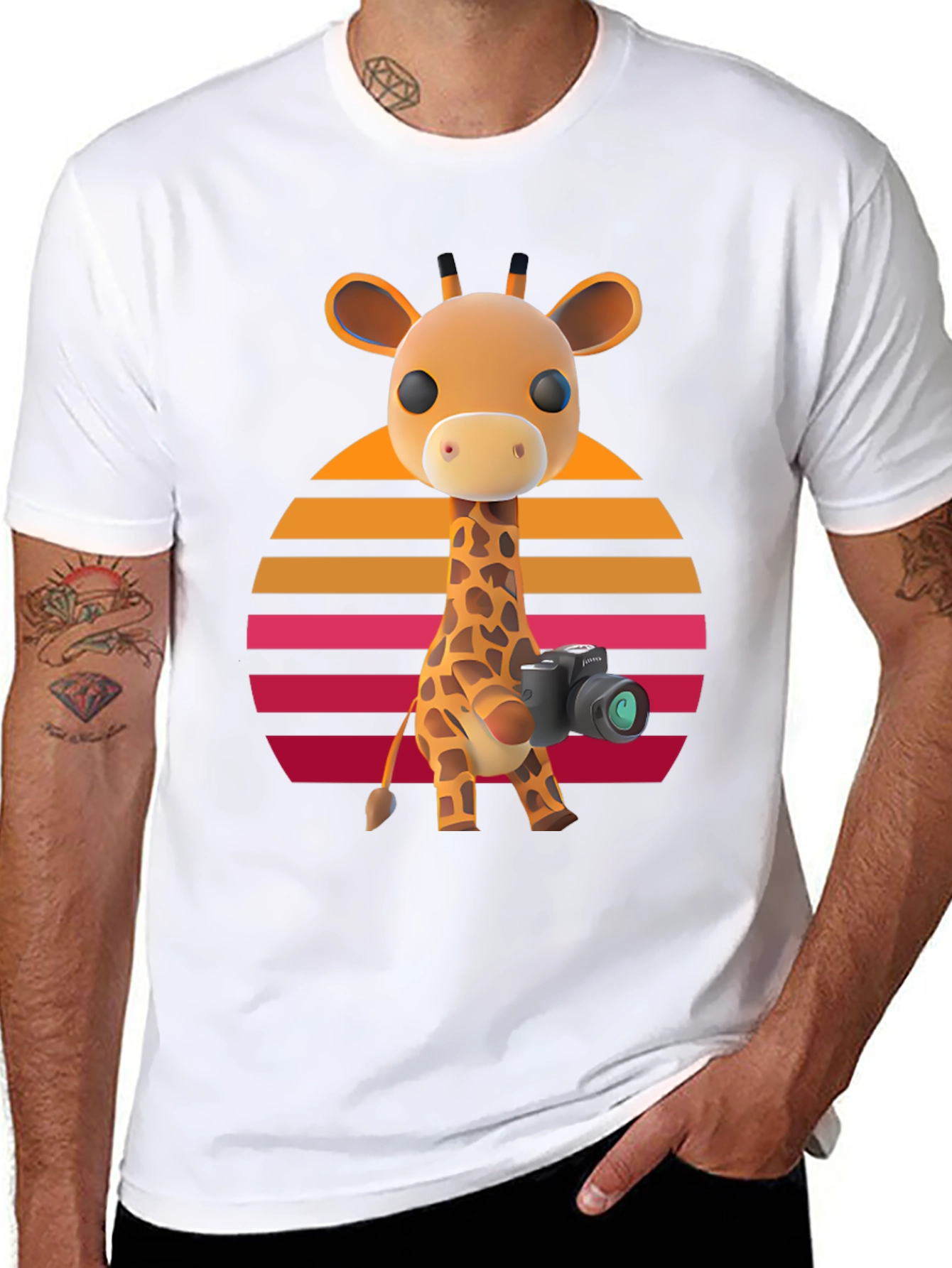 Giraffe Photographer T-Shirt - Sunset Design
