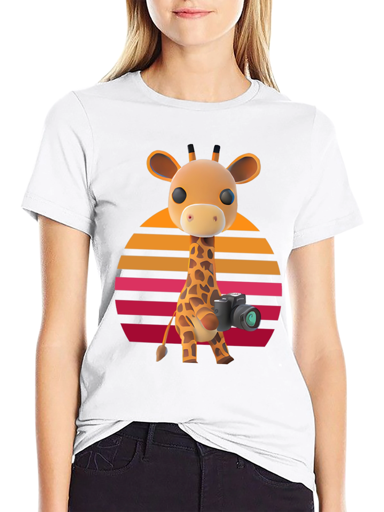 Giraffe Photographer T-Shirt - Sunset Design