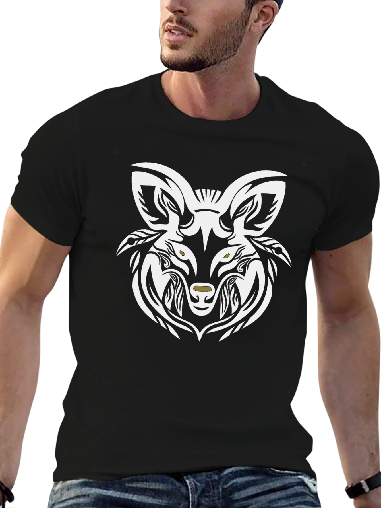 Tribal Wolf Graphic Tee - Stylish Black T-Shirt