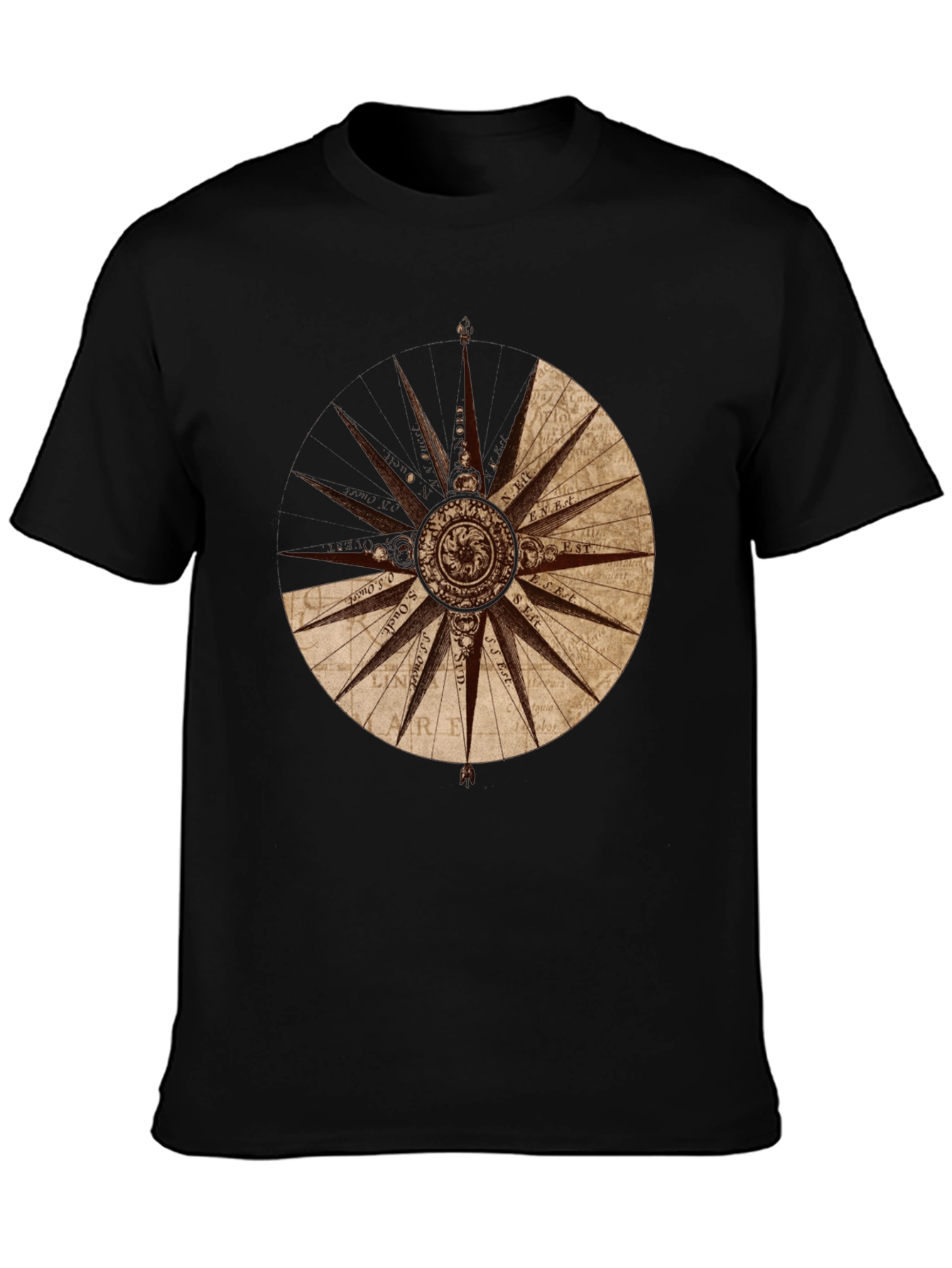 Nautical Compass Rose Graphic Tee - Black Cotton