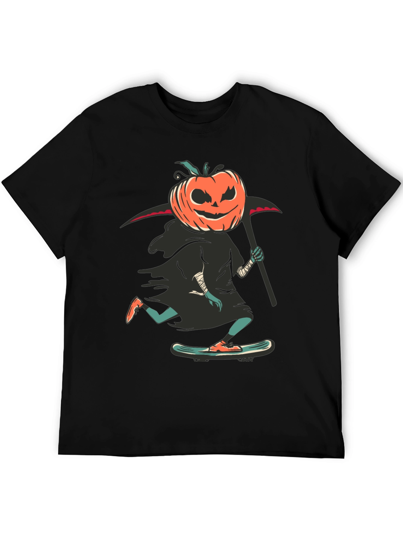 Skateboarding Pumpkin Reaper Graphic Tee - Halloween Spooky Fun