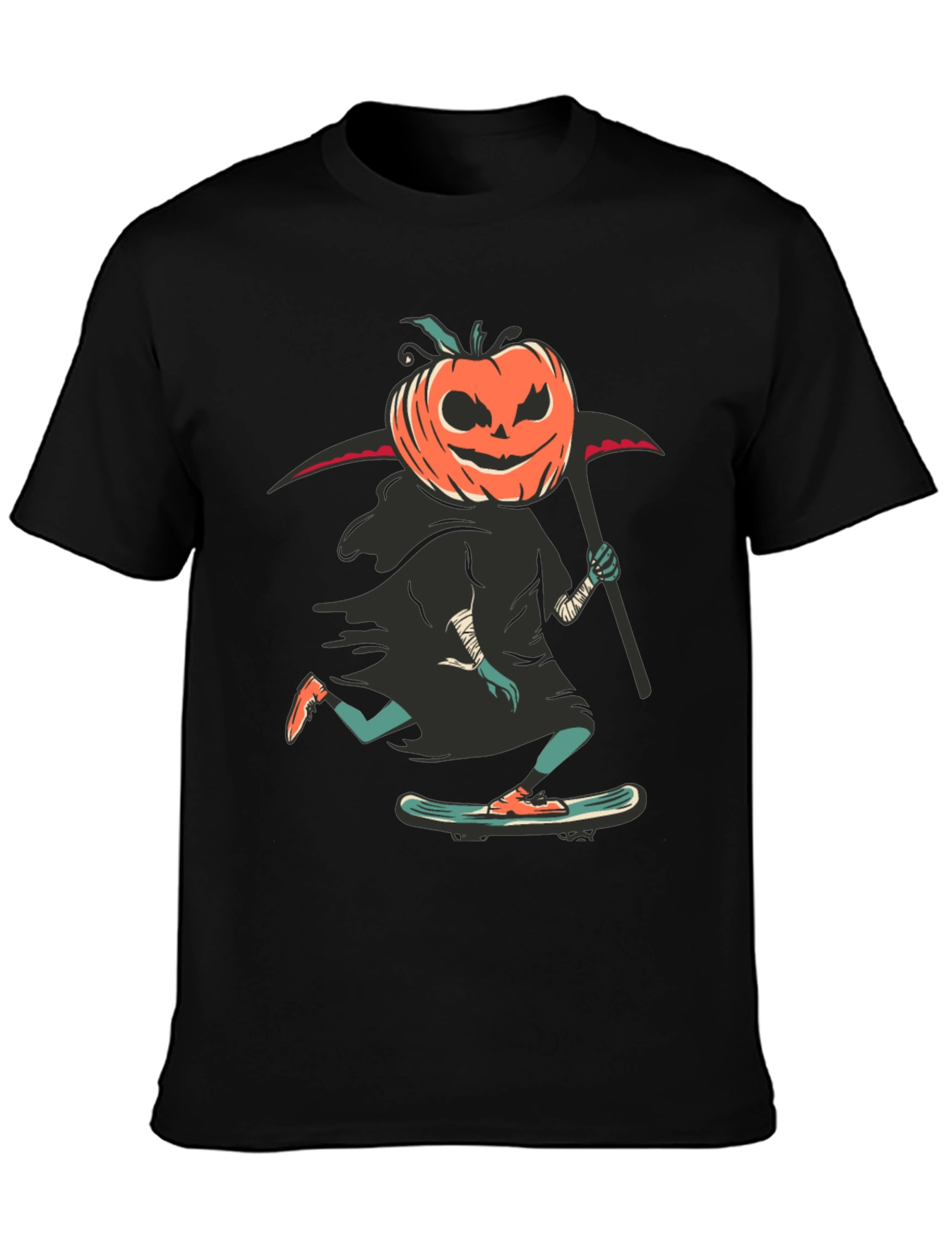 Skateboarding Pumpkin Reaper Graphic Tee - Halloween Spooky Fun