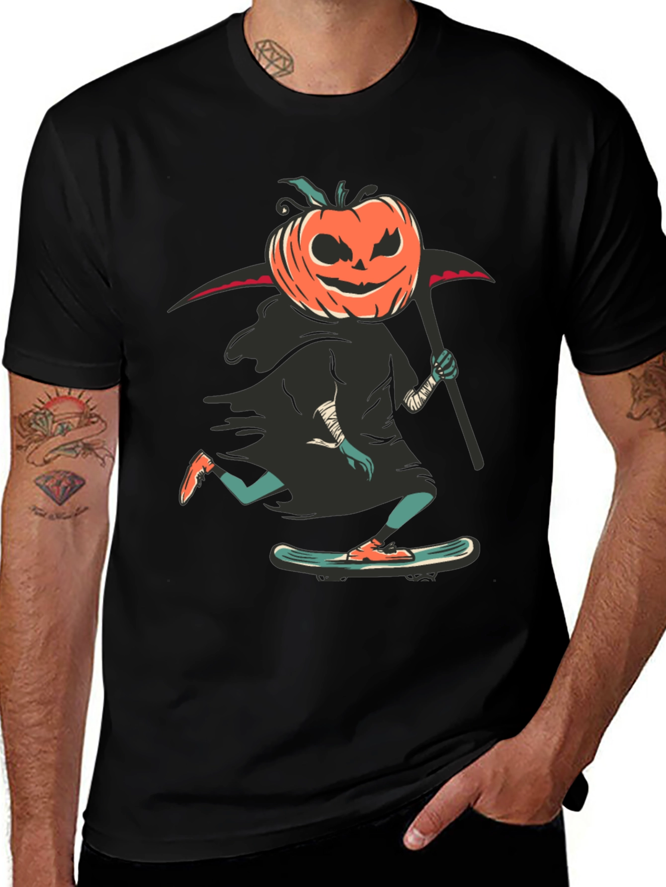 Skateboarding Pumpkin Reaper Graphic Tee - Halloween Spooky Fun