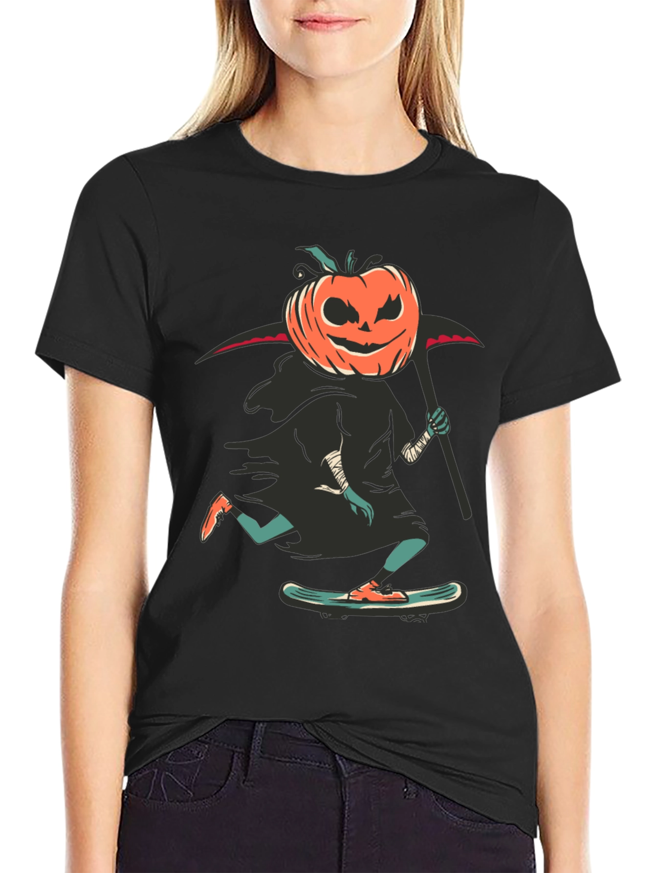 Skateboarding Pumpkin Reaper Graphic Tee - Halloween Spooky Fun