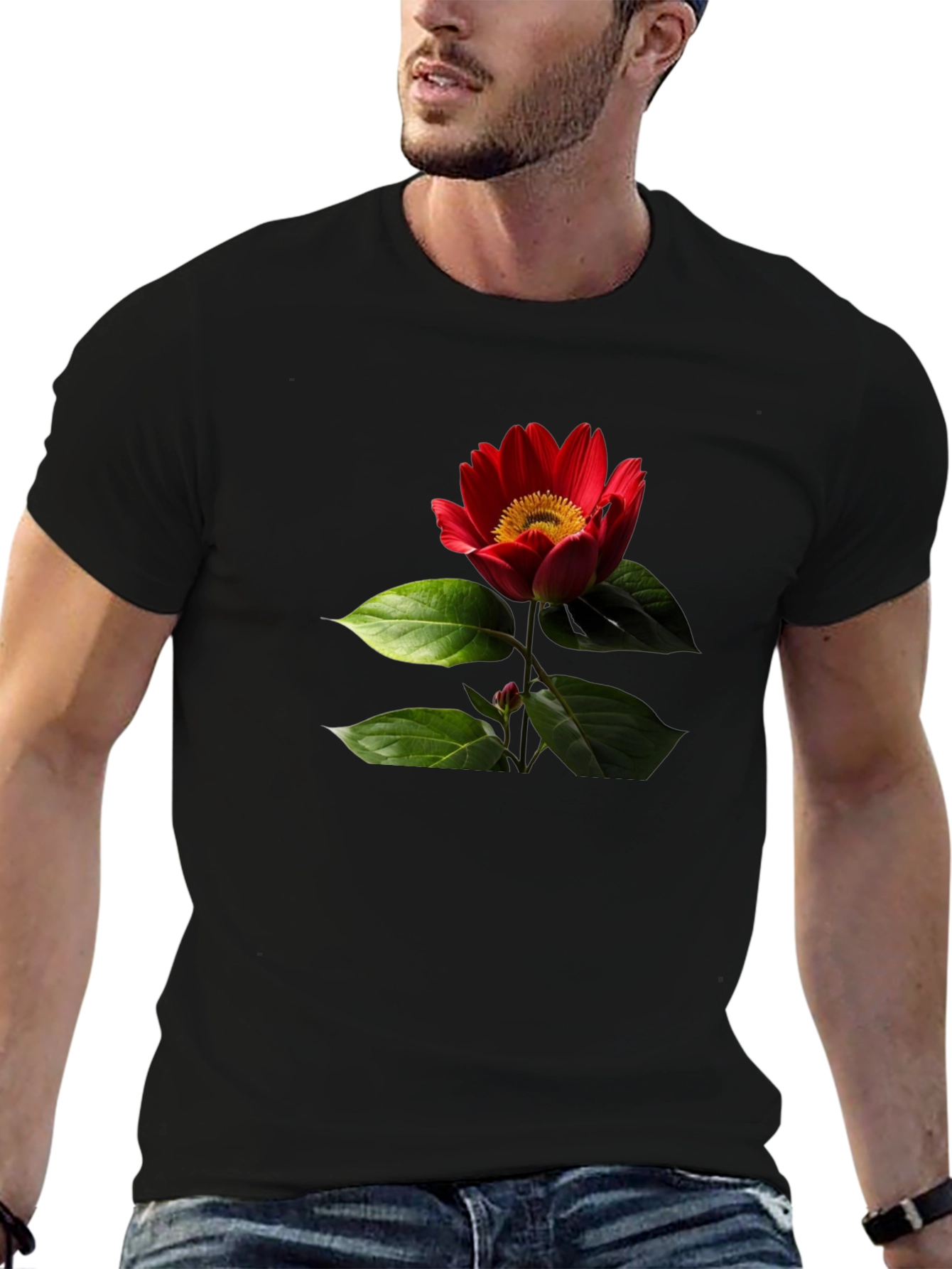 Black T-Shirt with Red Flower Print