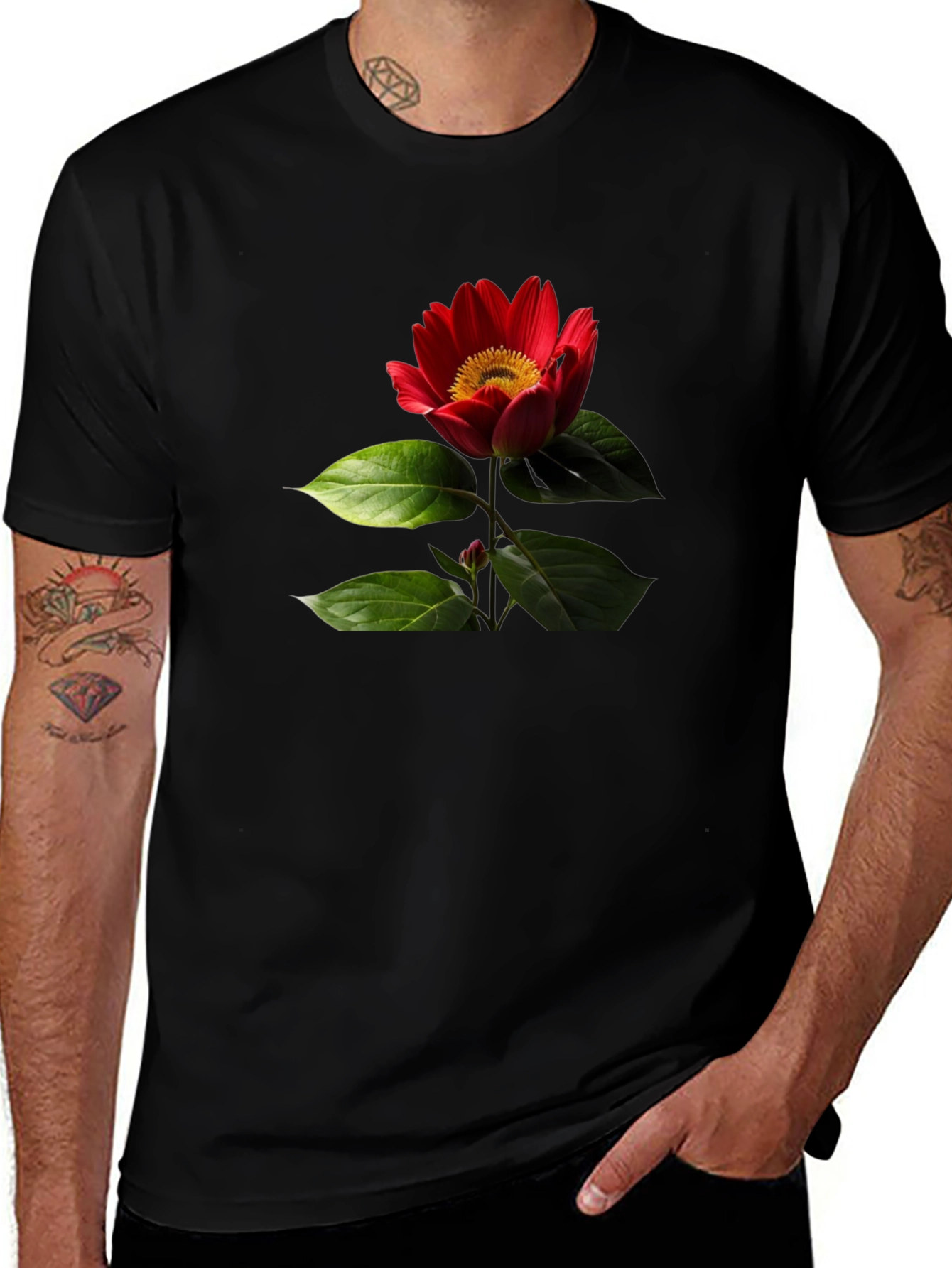 Black T-Shirt with Red Flower Print