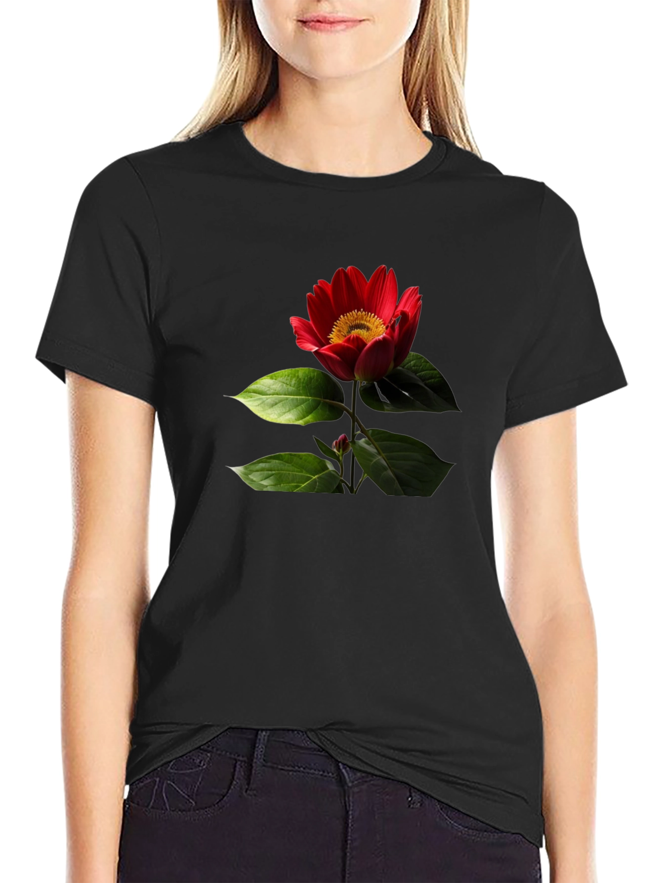 Black T-Shirt with Red Flower Print