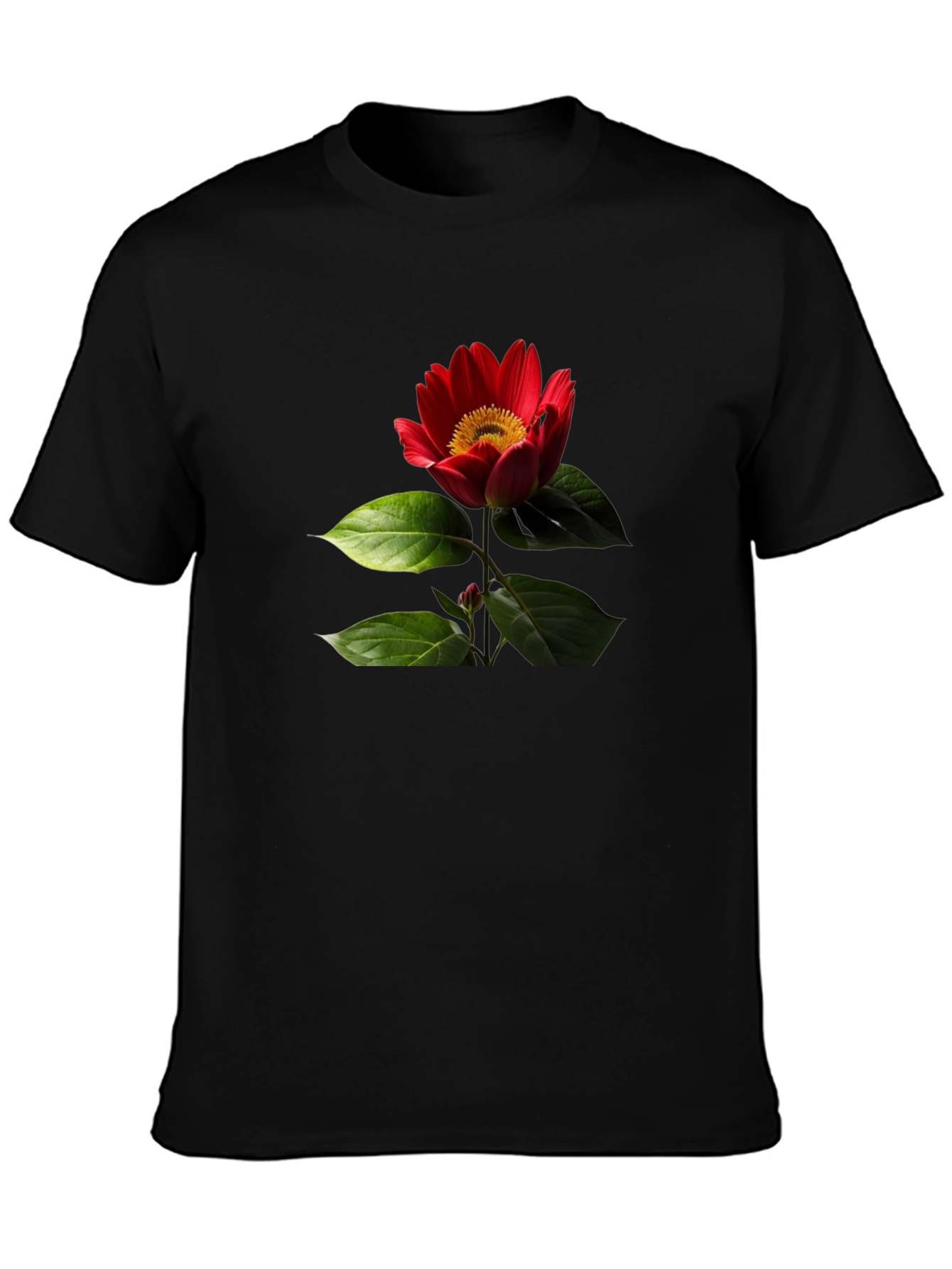 Black T-Shirt with Red Flower Print