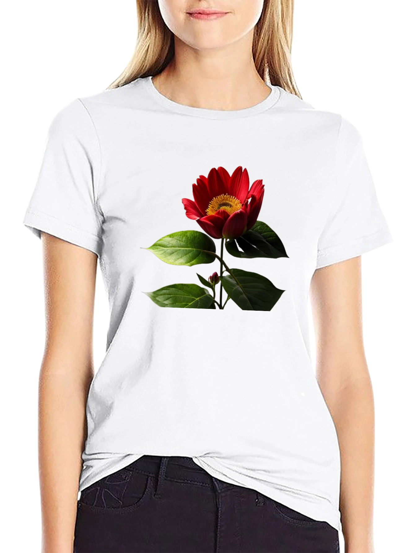 Black T-Shirt with Red Flower Print