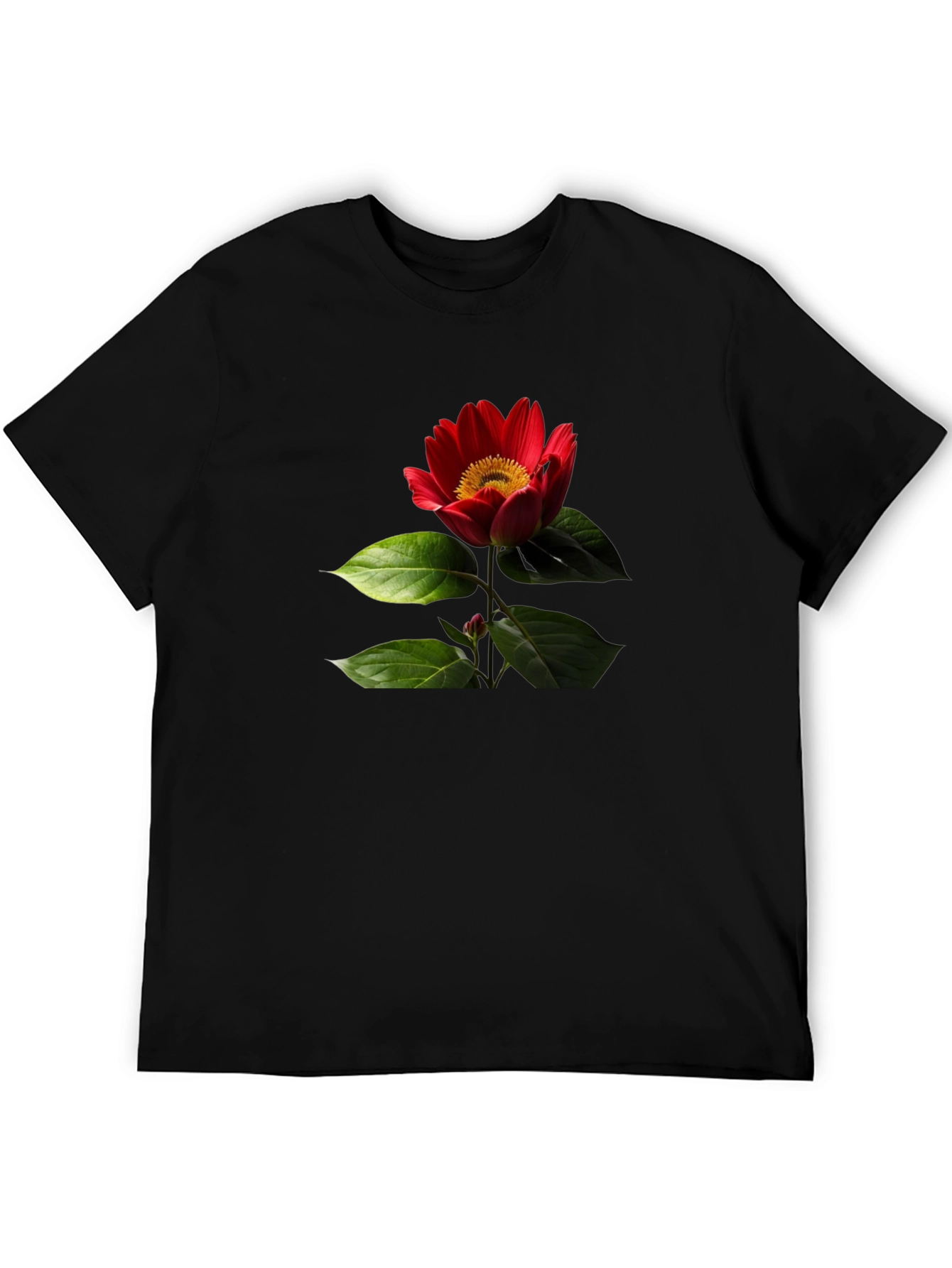 Black T-Shirt with Red Flower Print