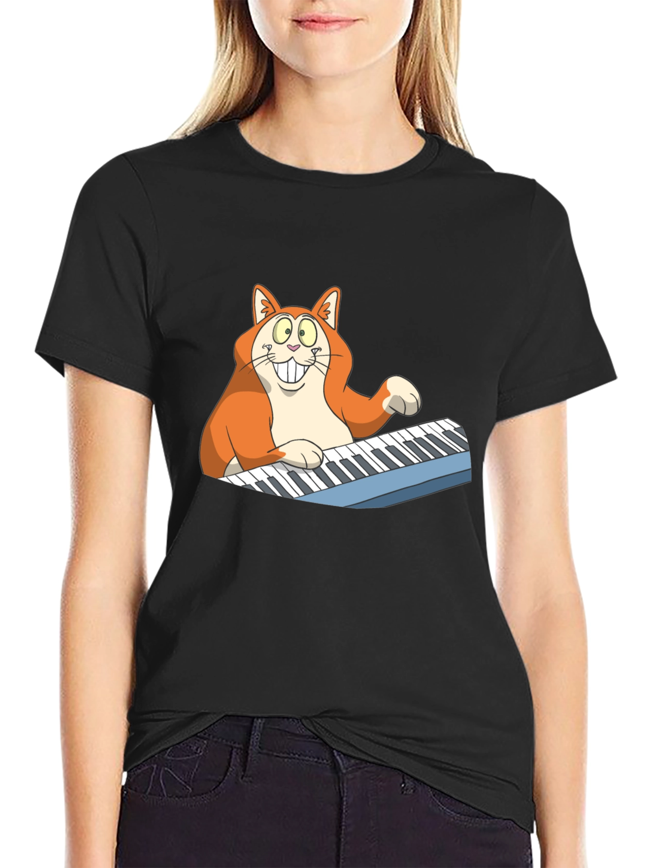 Cartoon Cat Playing Piano Graphic Tee