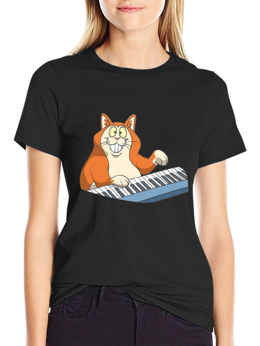 Cartoon Cat Playing Piano Graphic Tee