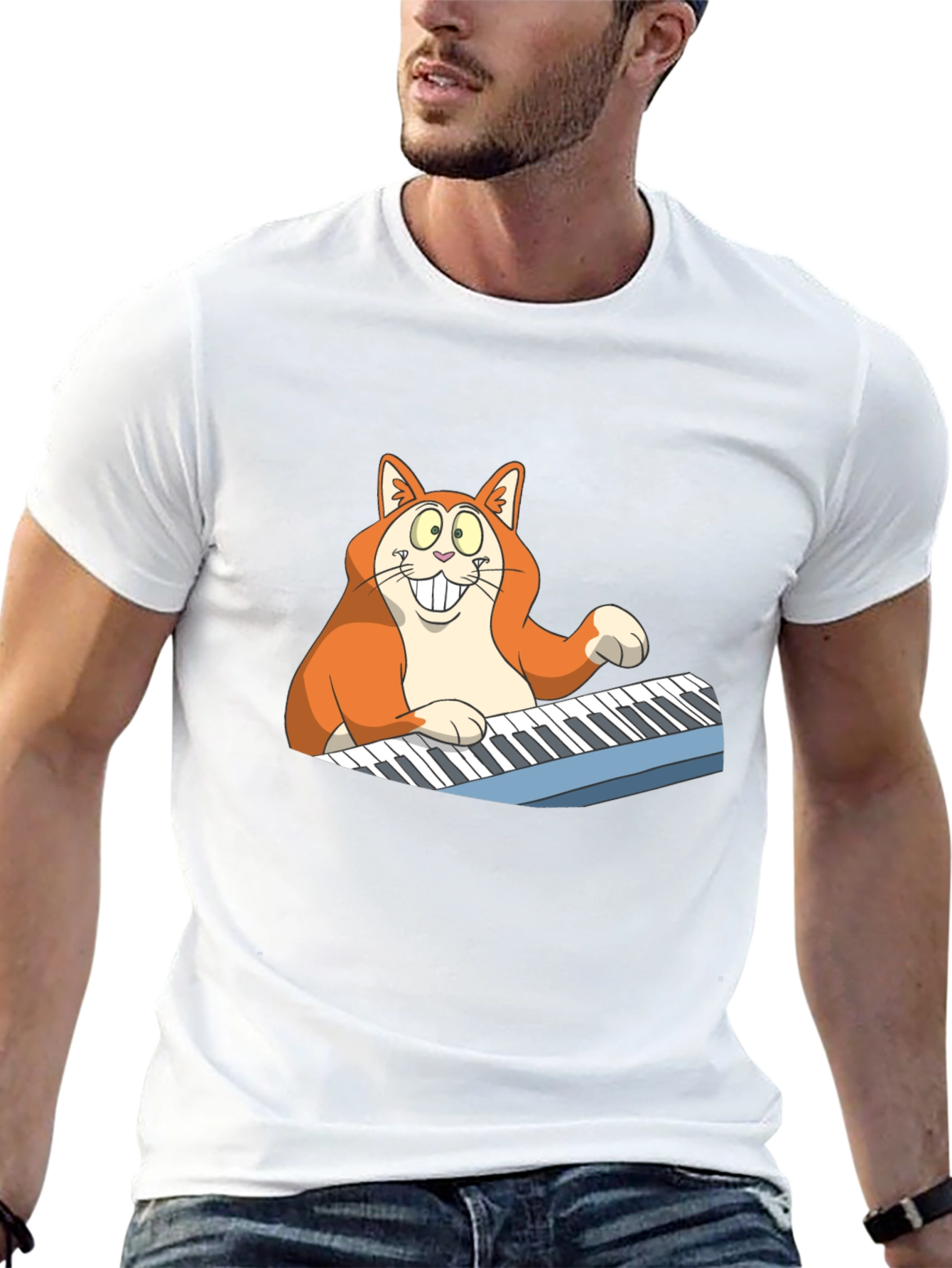 Cartoon Cat Playing Piano Graphic Tee