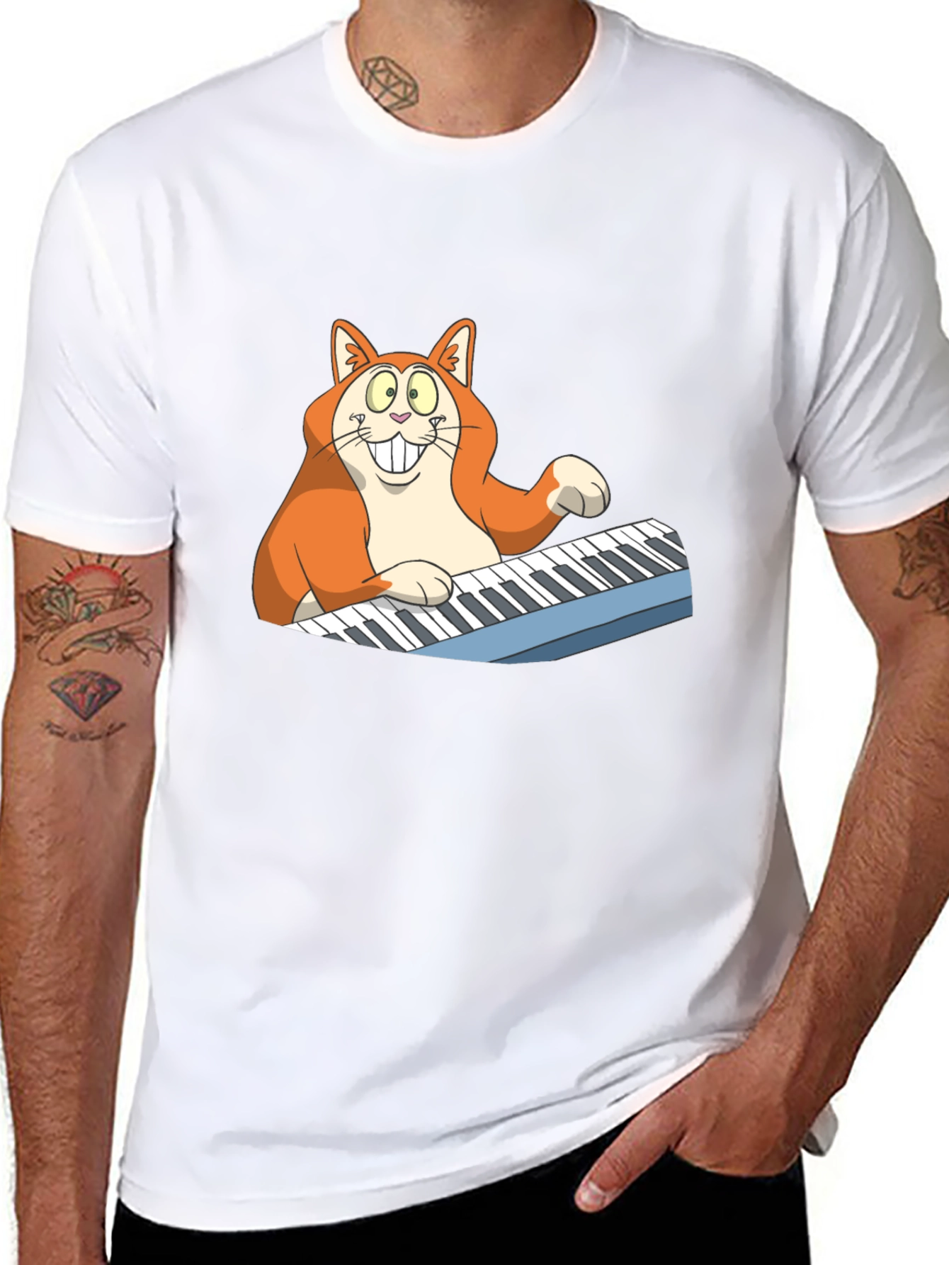 Cartoon Cat Playing Piano Graphic Tee
