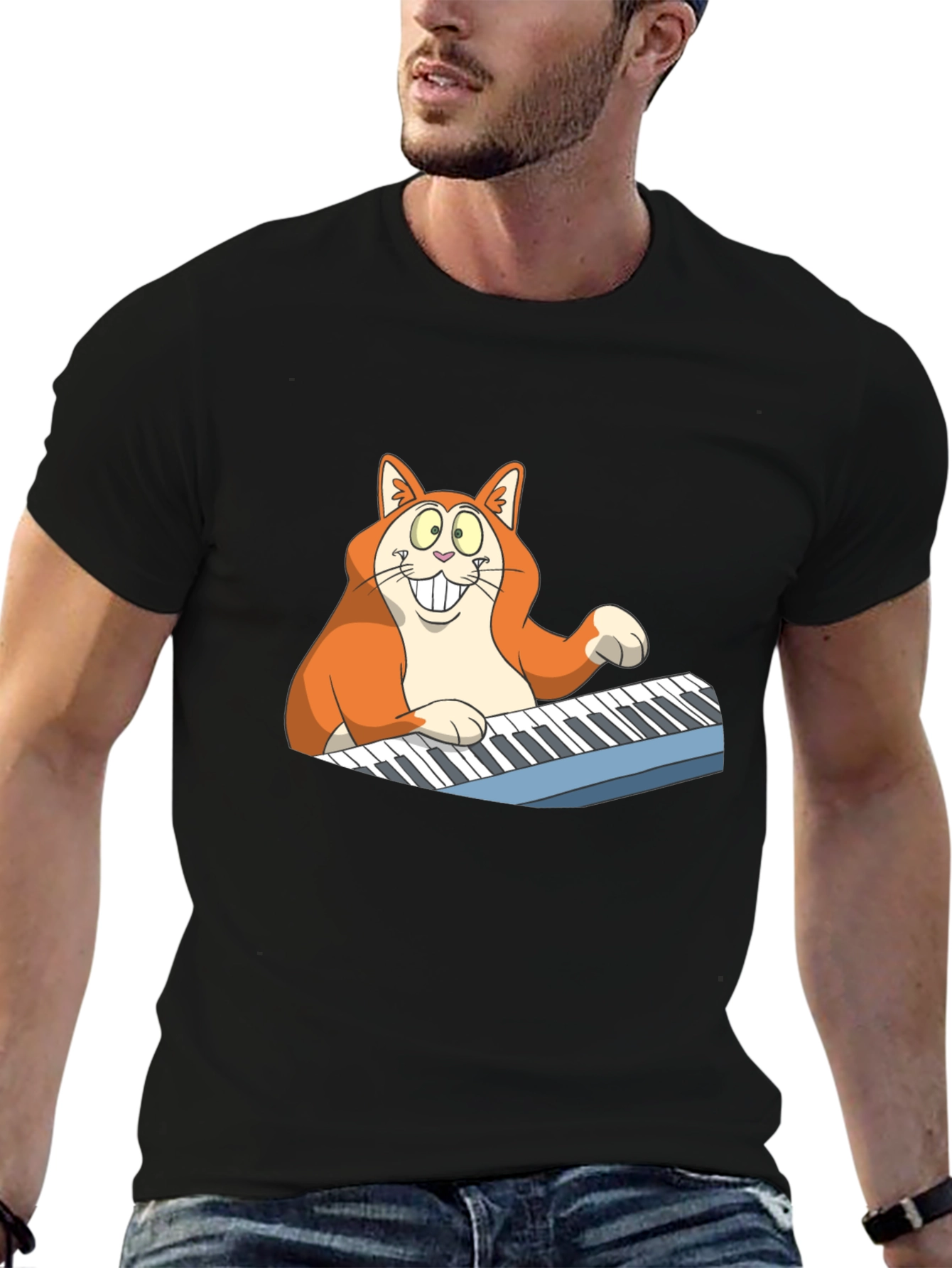 Cartoon Cat Playing Piano Graphic Tee