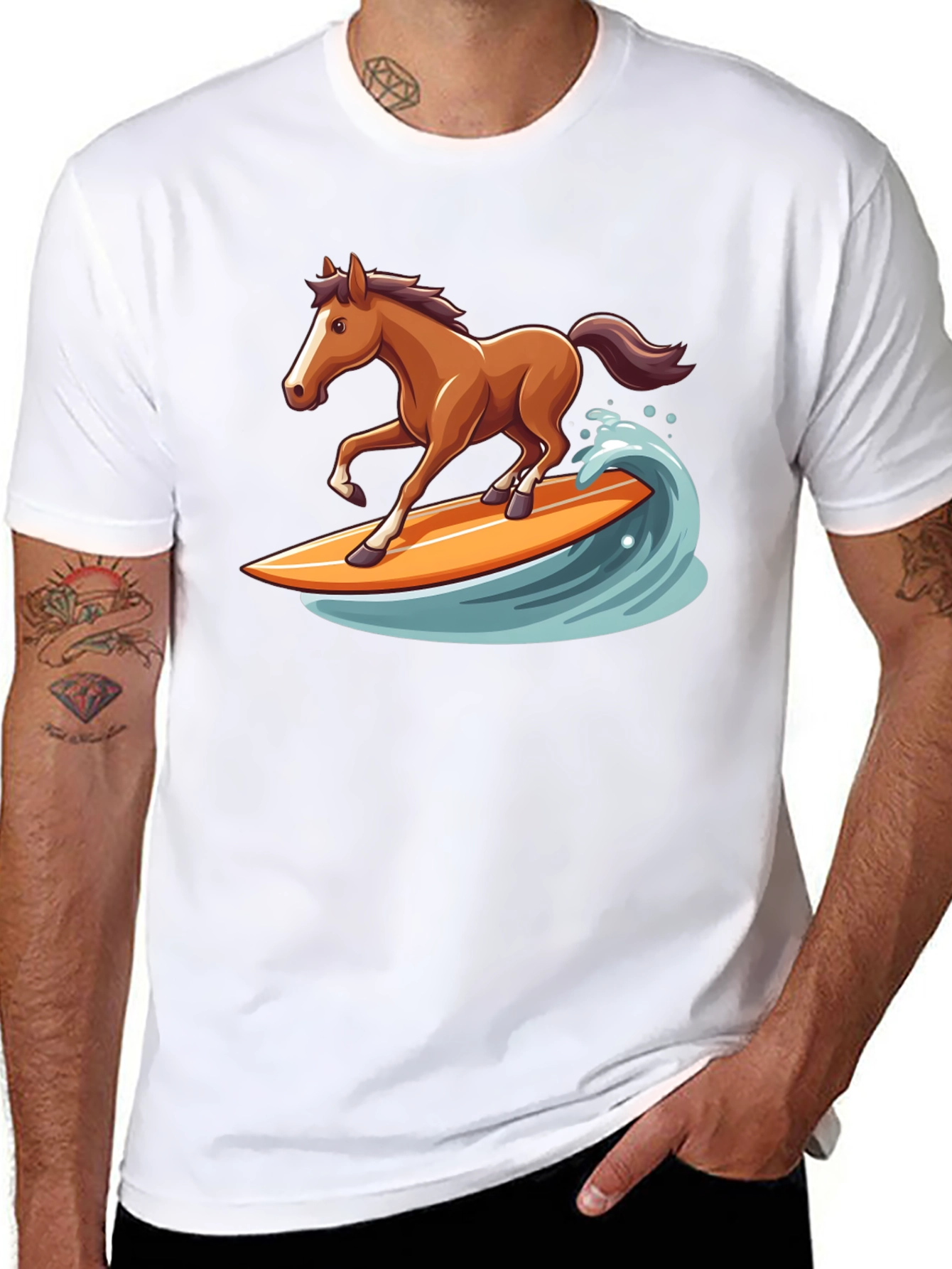 Surfing Horse Graphic Tee - Black Cotton T-Shirt