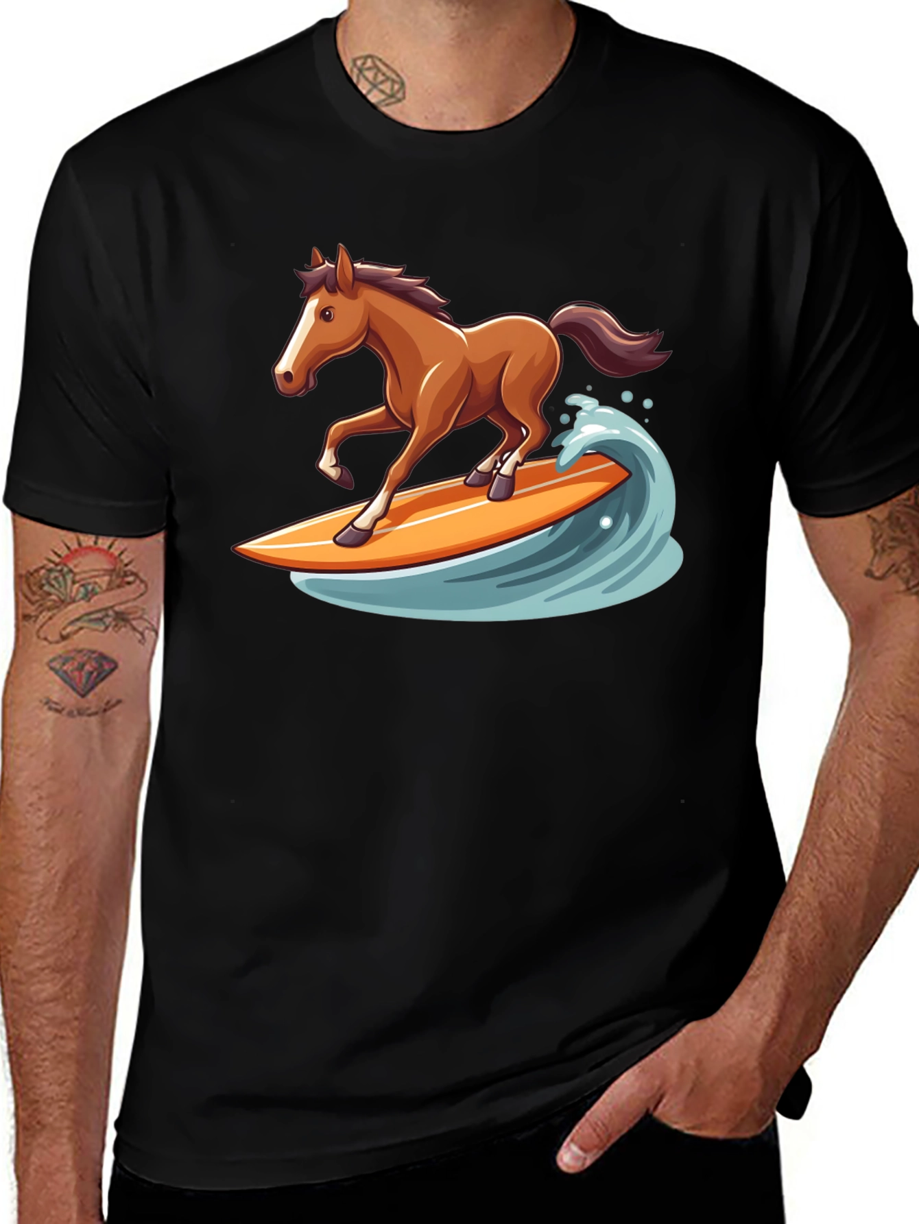 Surfing Horse Graphic Tee - Black Cotton T-Shirt
