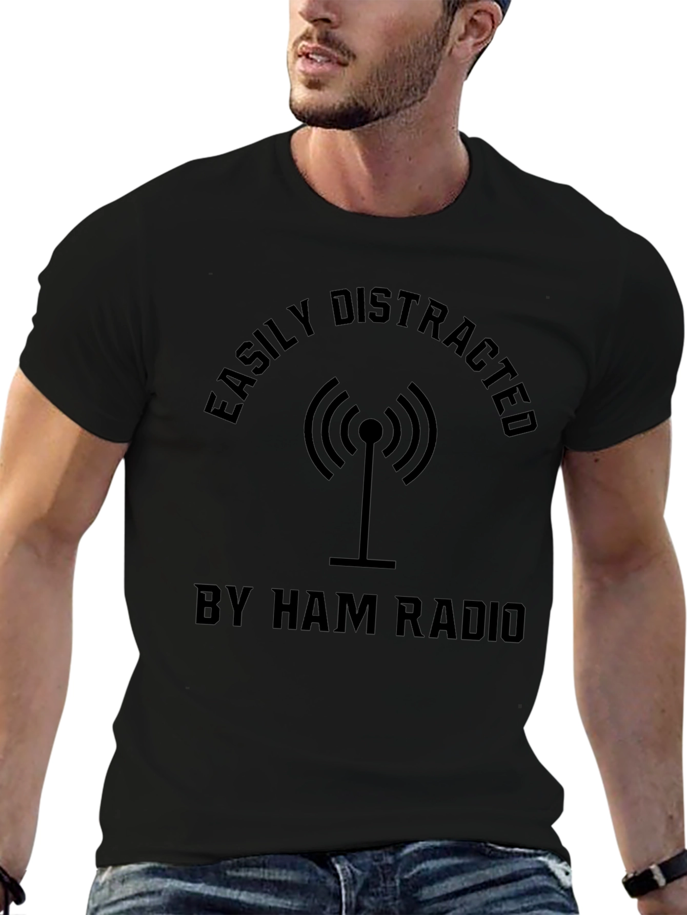 Easily Distracted by Ham Radio Black T-Shirt