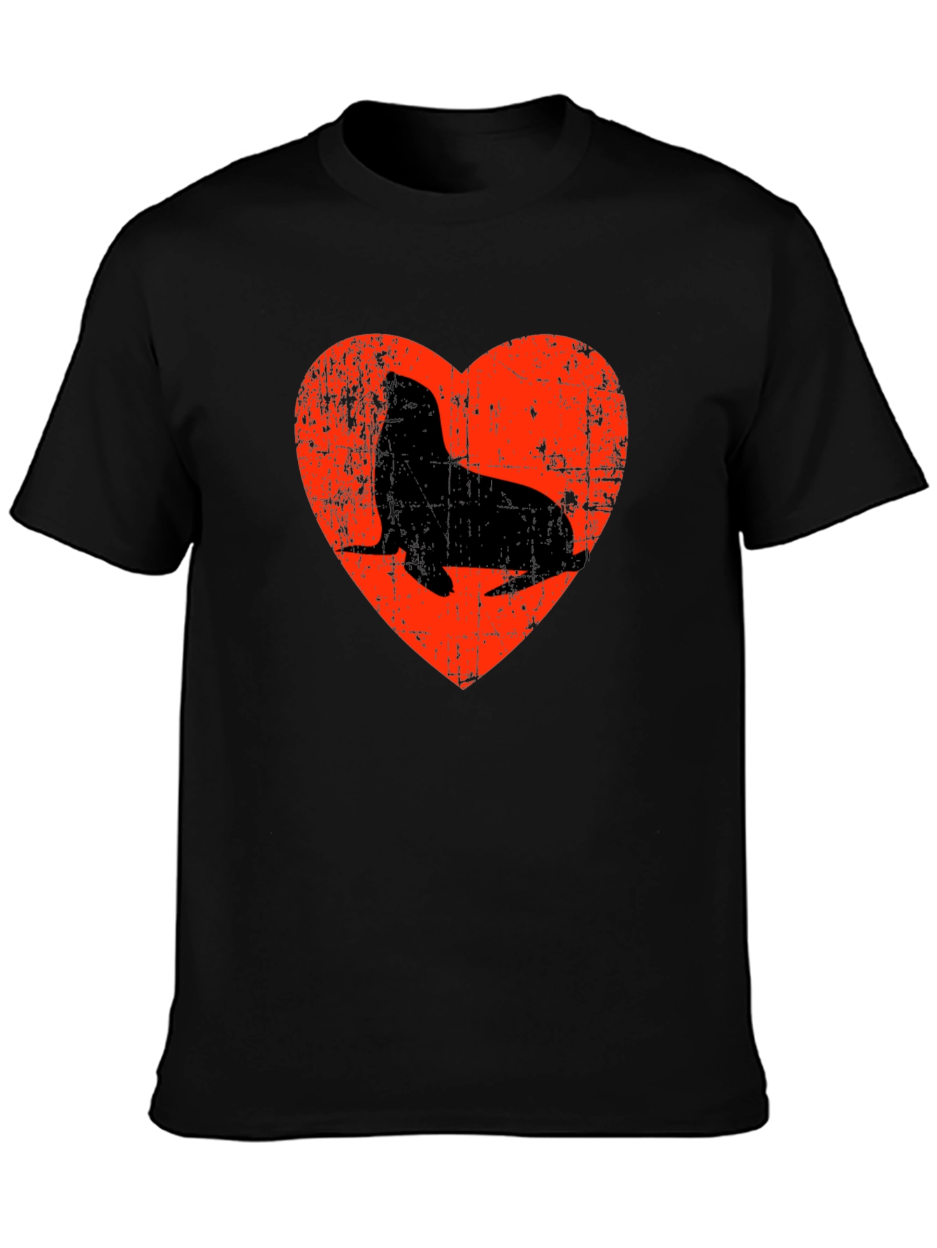 Seal Heart Distressed Graphic Black T-Shirt