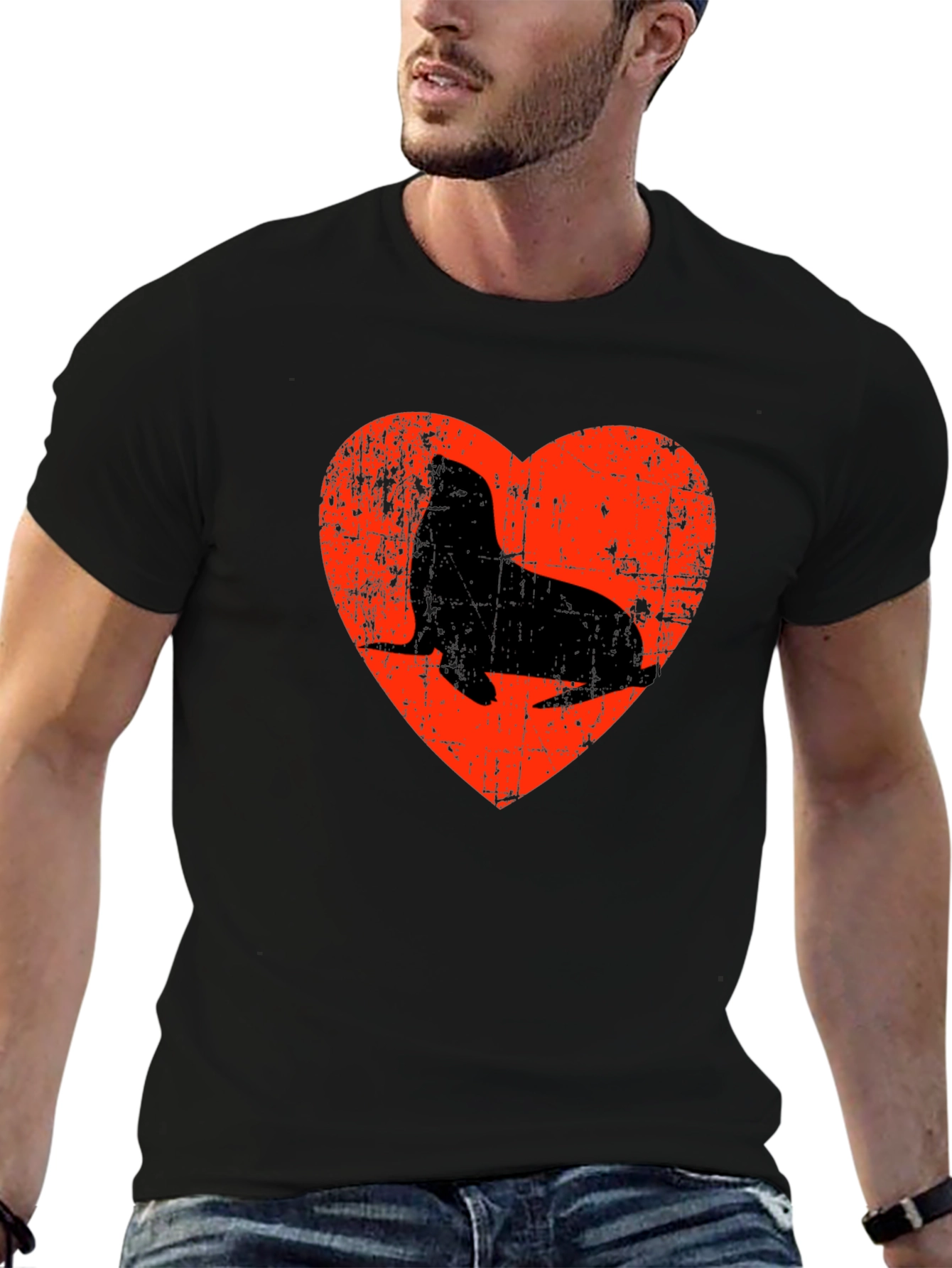 Seal Heart Distressed Graphic Black T-Shirt
