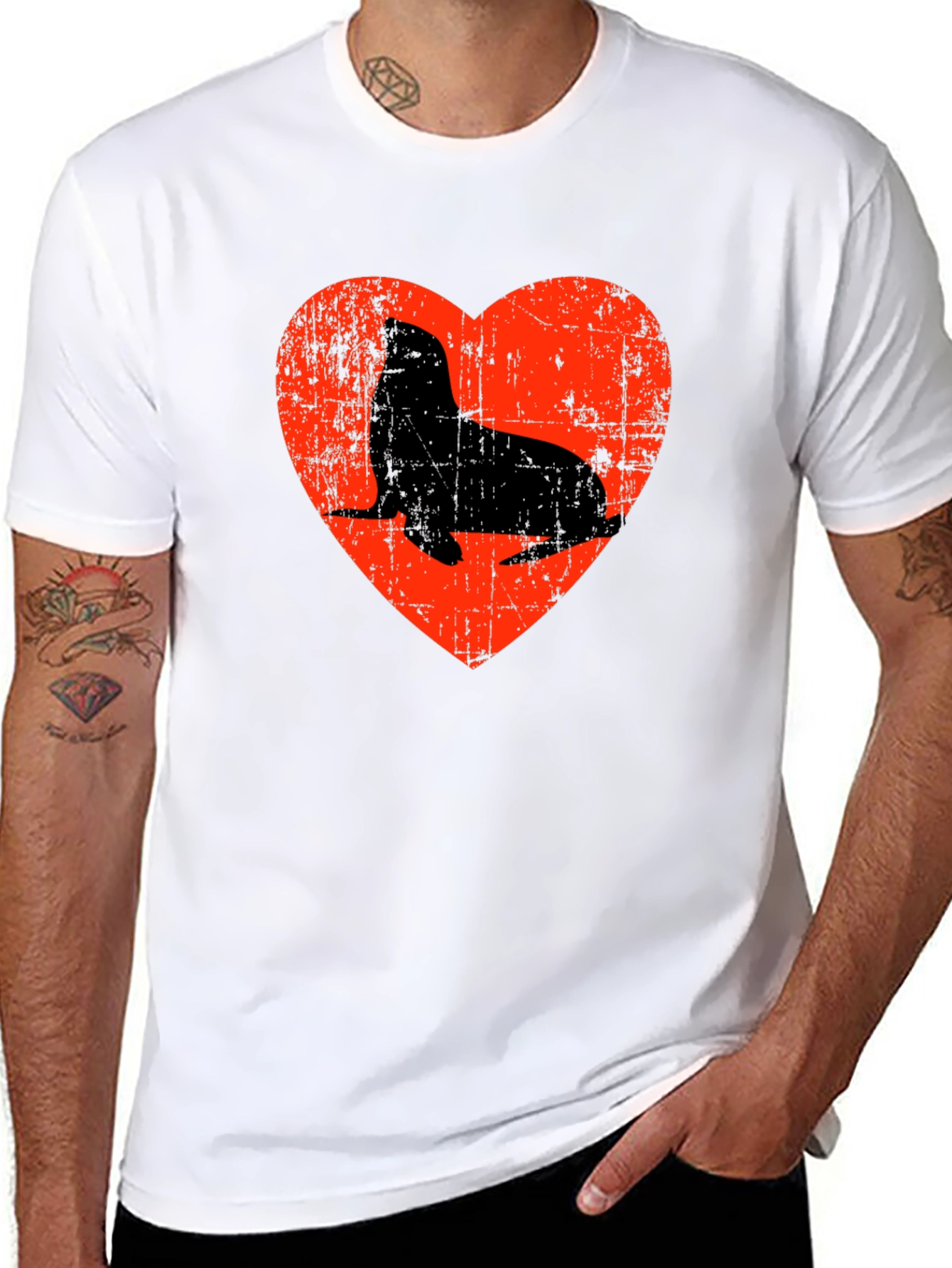Seal Heart Distressed Graphic Black T-Shirt